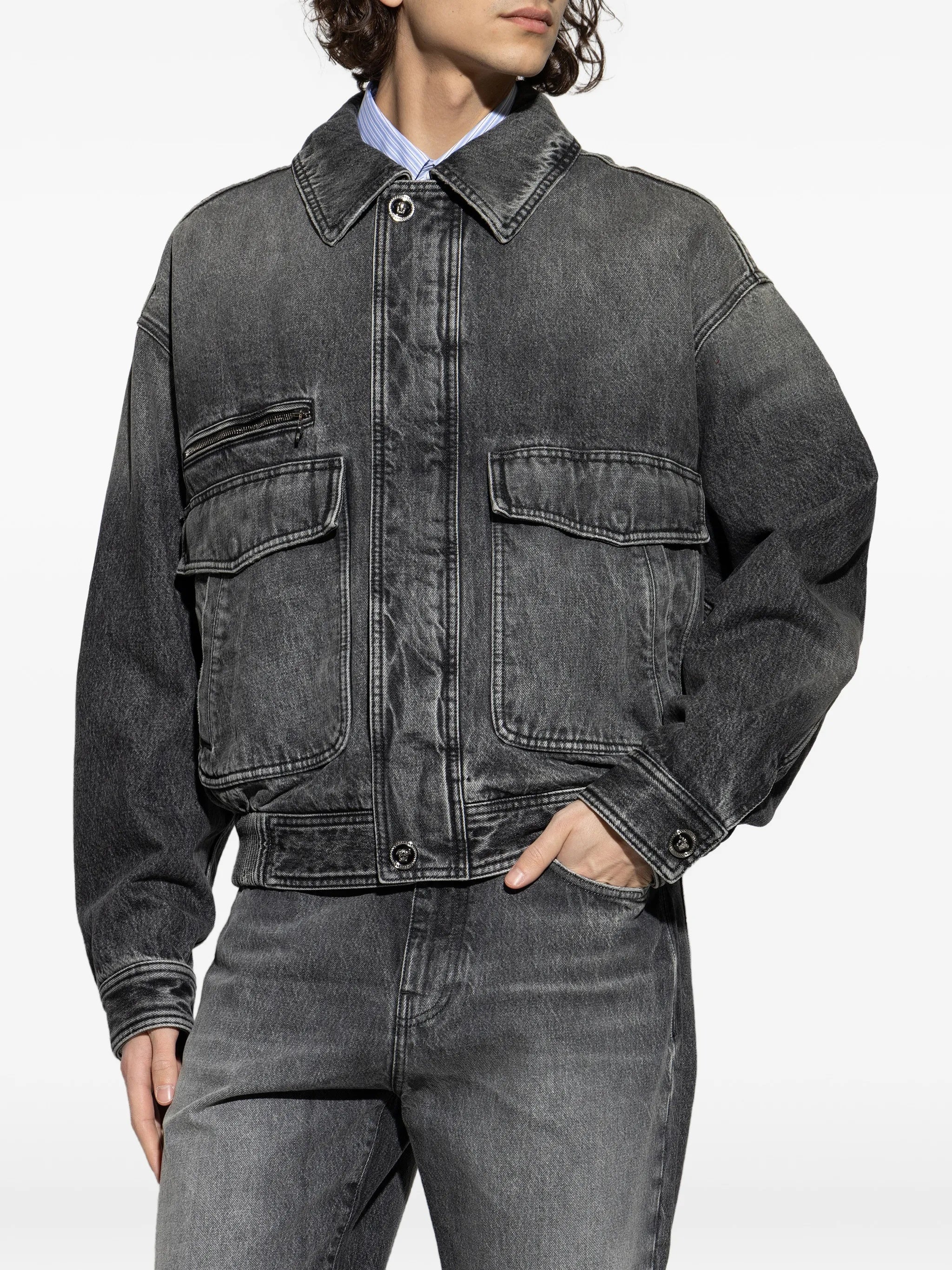 Black Blouson Denim Cropped Washed Jacket