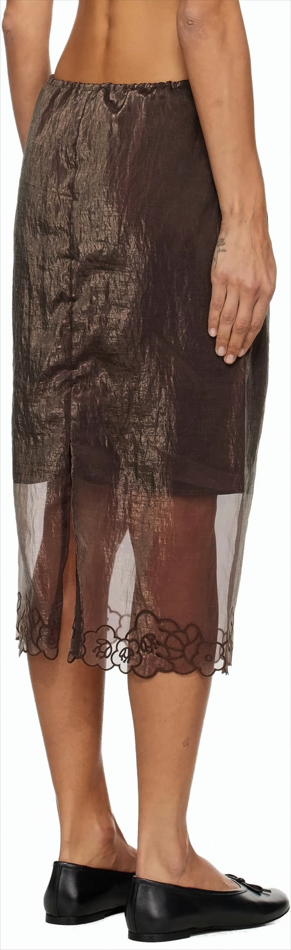 Textured Semi-Sheer Midi Skirt with Embroidered Hem