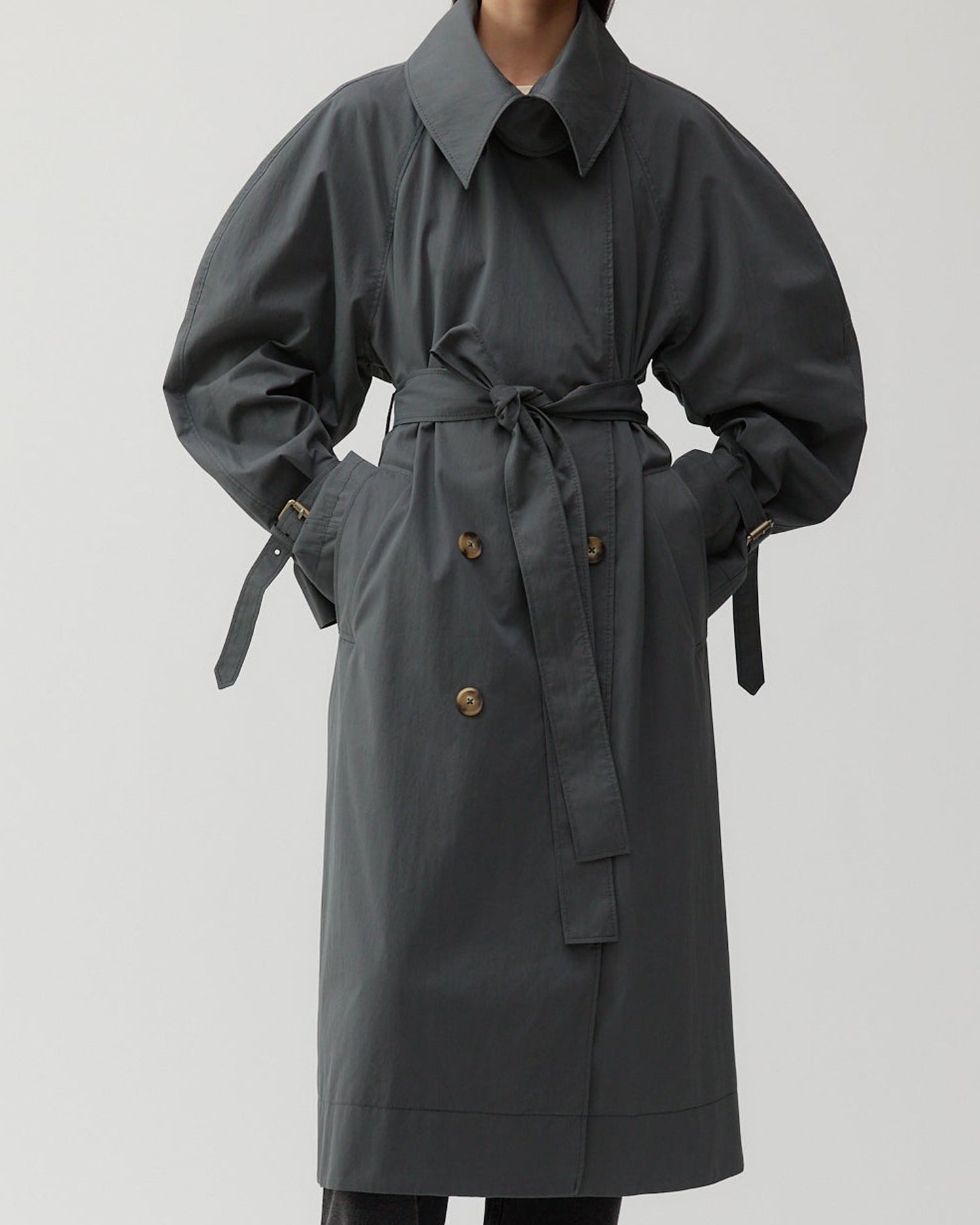 Double-Breasted Black Trench Coat with Wide Collar