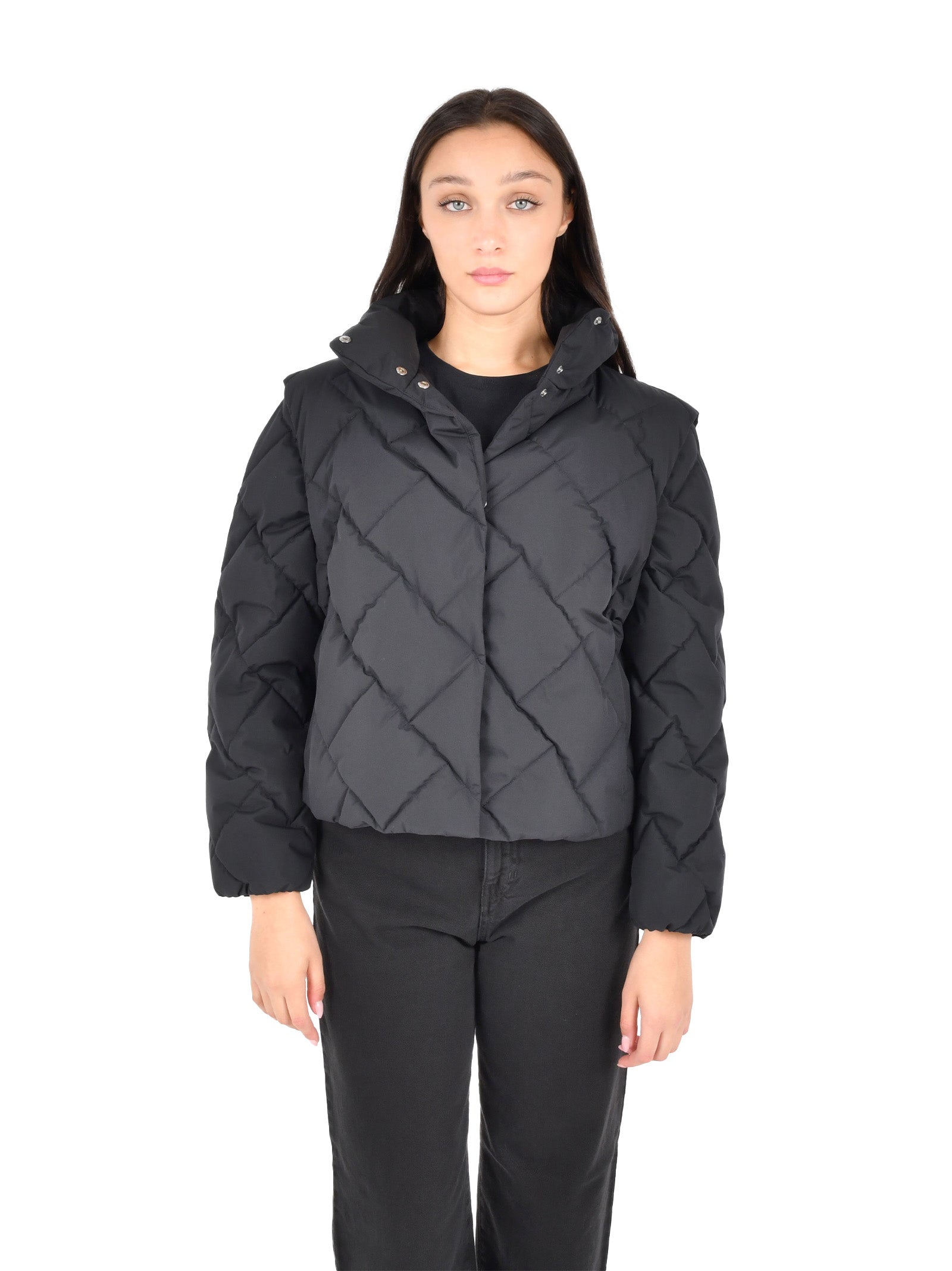 Diamond-Quilted Nylon Down Jacket With High Collar