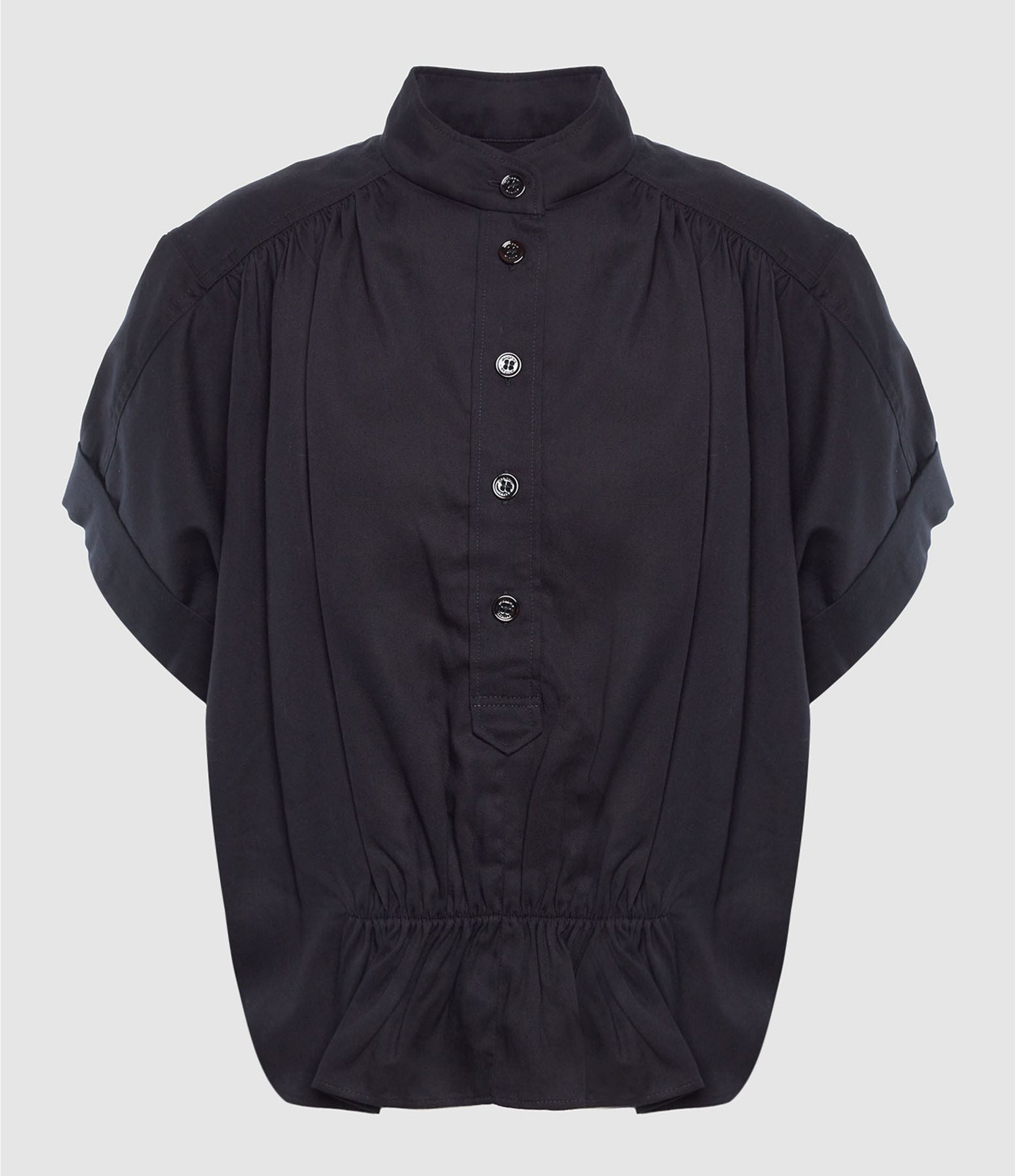 Short-Sleeved Blouse with High Neckline and Peplum Hem
