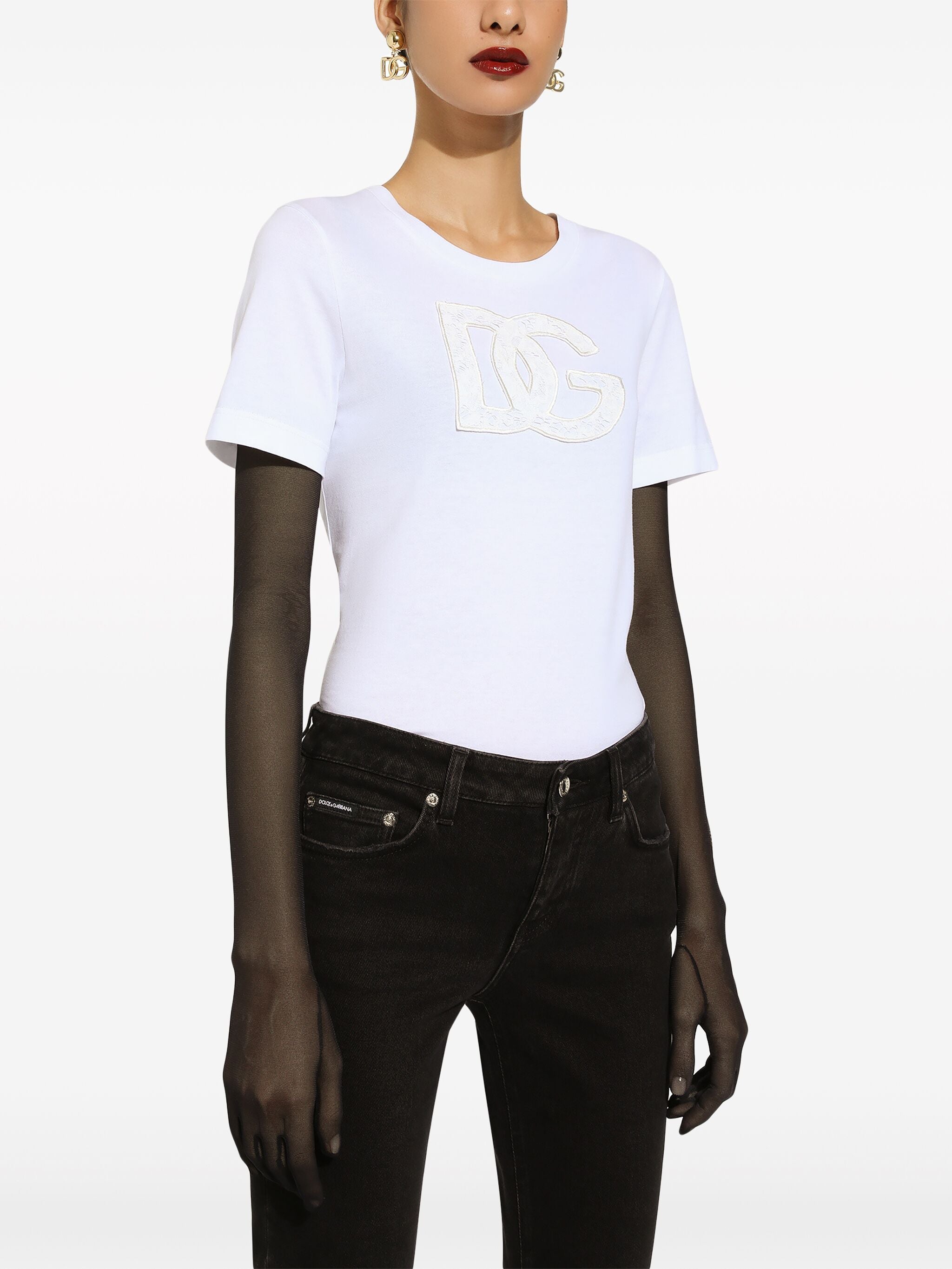 Fitted White Cotton Jersey Lace T-Shirt