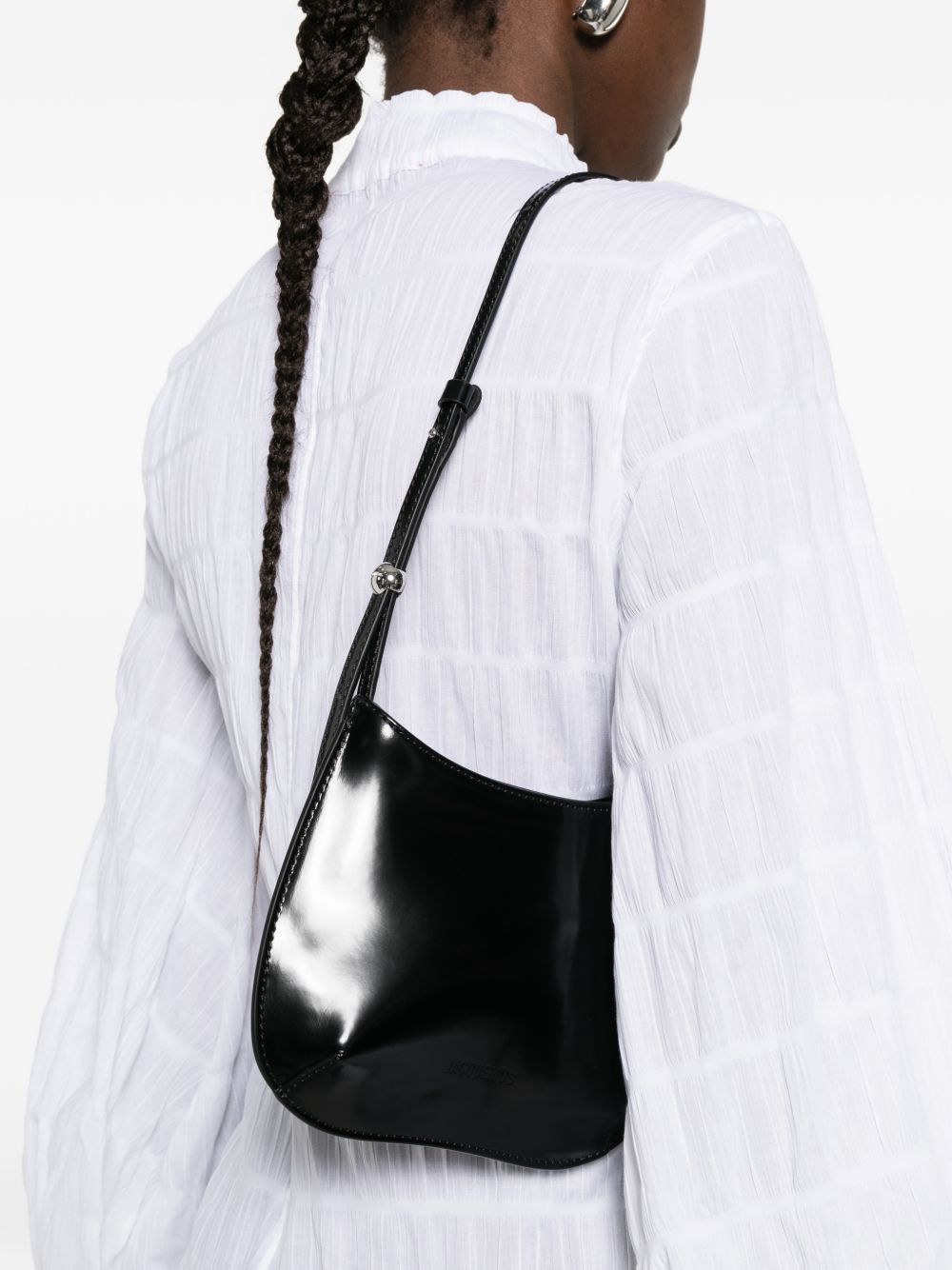 Curved Black Calf Leather Shoulder Bag