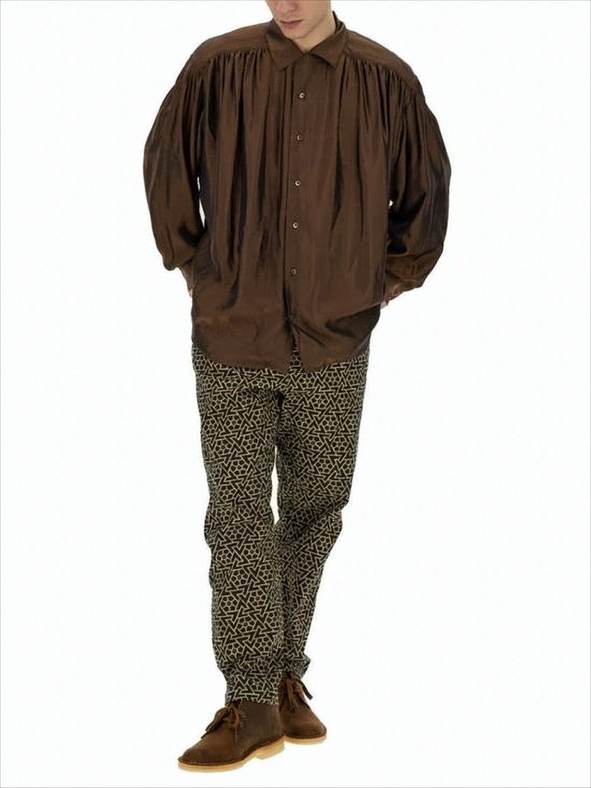 Long-Sleeve Brown Shirt with Gathered Shoulder Details