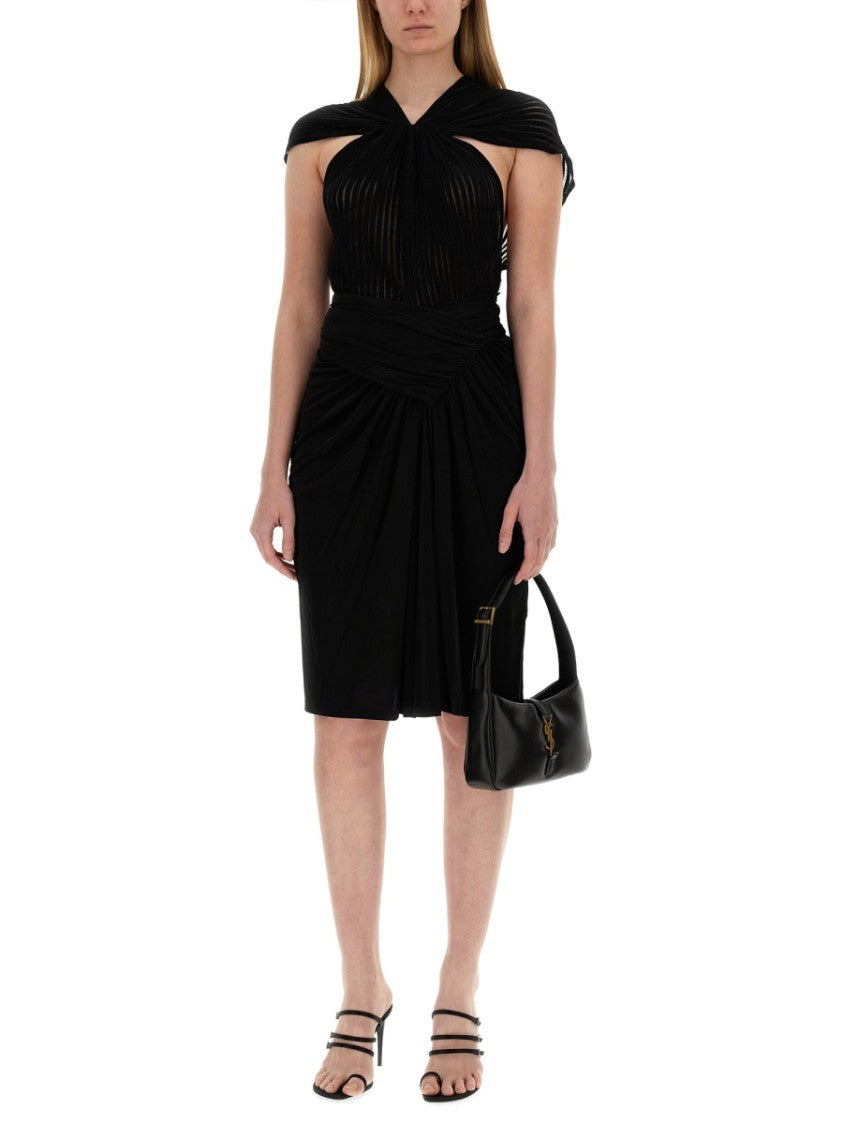 Fitted Black Pencil Skirt With Draped Detail
