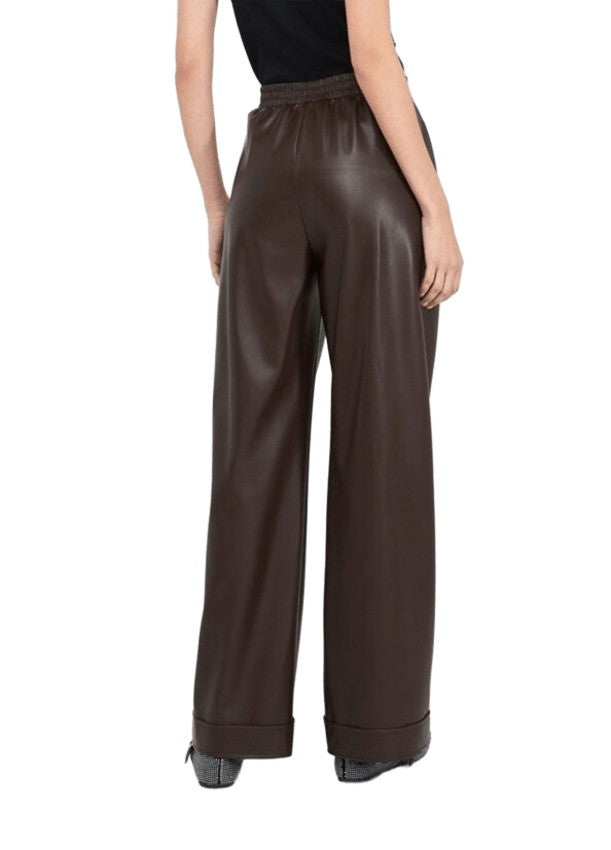 Coated Brown Wide-Leg Pants With Pressed Crease And Cuffed Hem