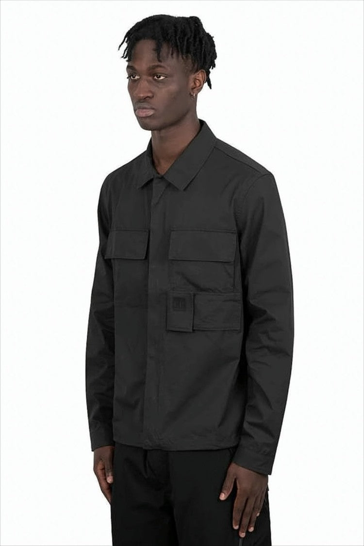 Black Long-Sleeve Shirt With Classic Collar And Utility Pockets