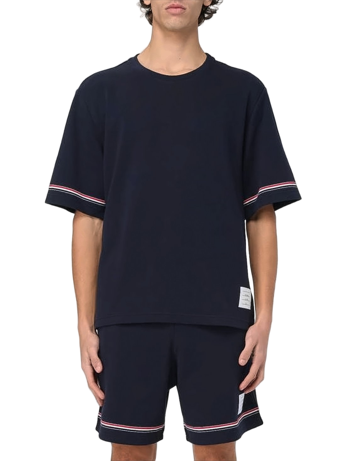 Navy Blue Cotton T-Shirt with Striped Trim
