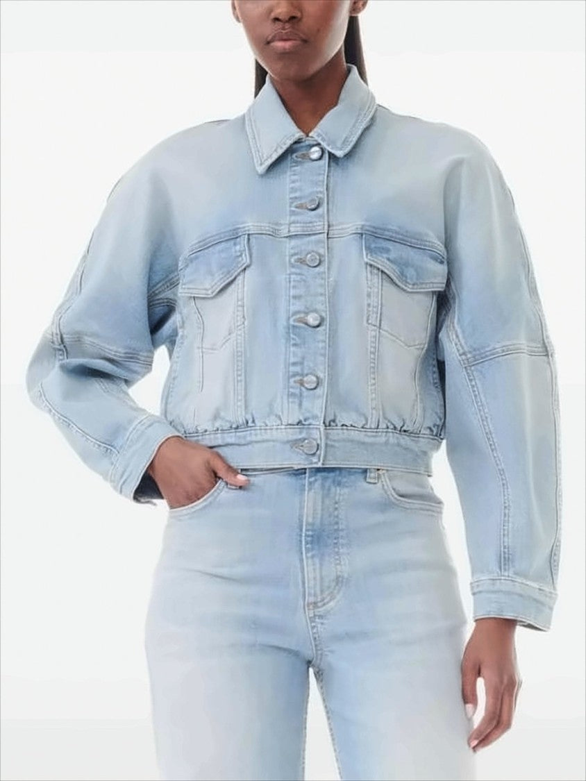 Light Wash Cropped Denim Jacket with Gathered Hem and Flap Pockets