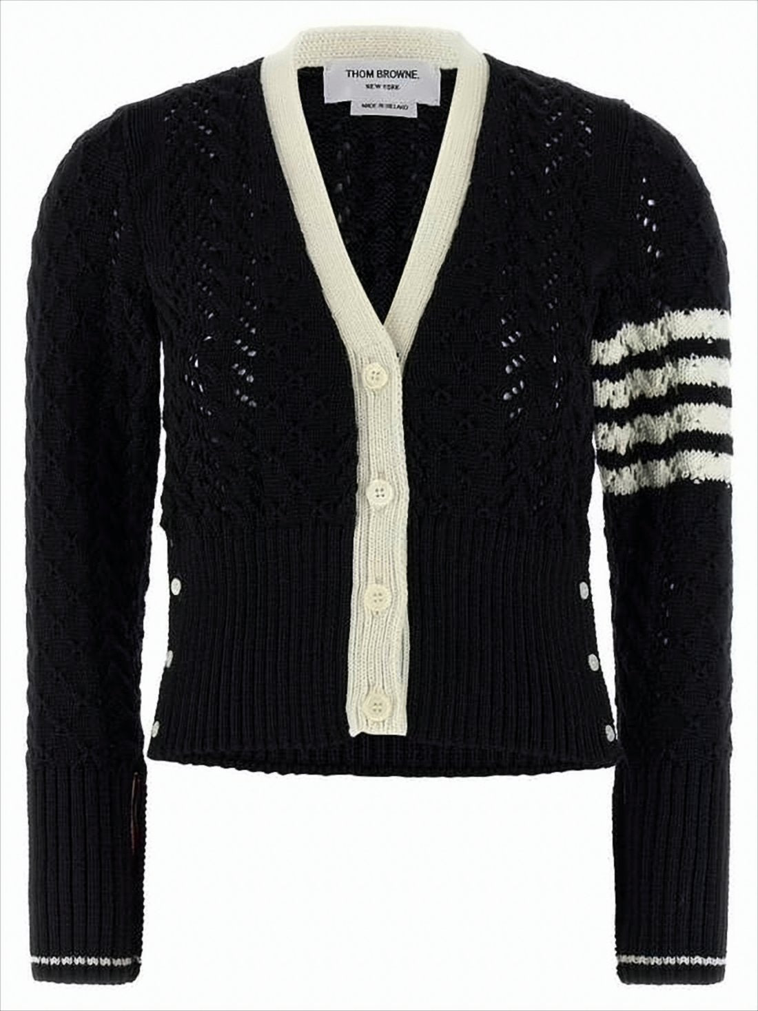 Textured Knit Cropped Cardigan With Contrasting Stripes