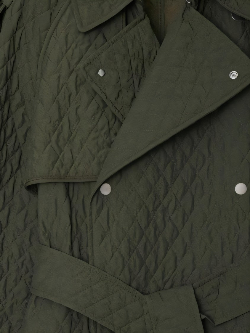 Quilted Green Long Coat with Belted Waist