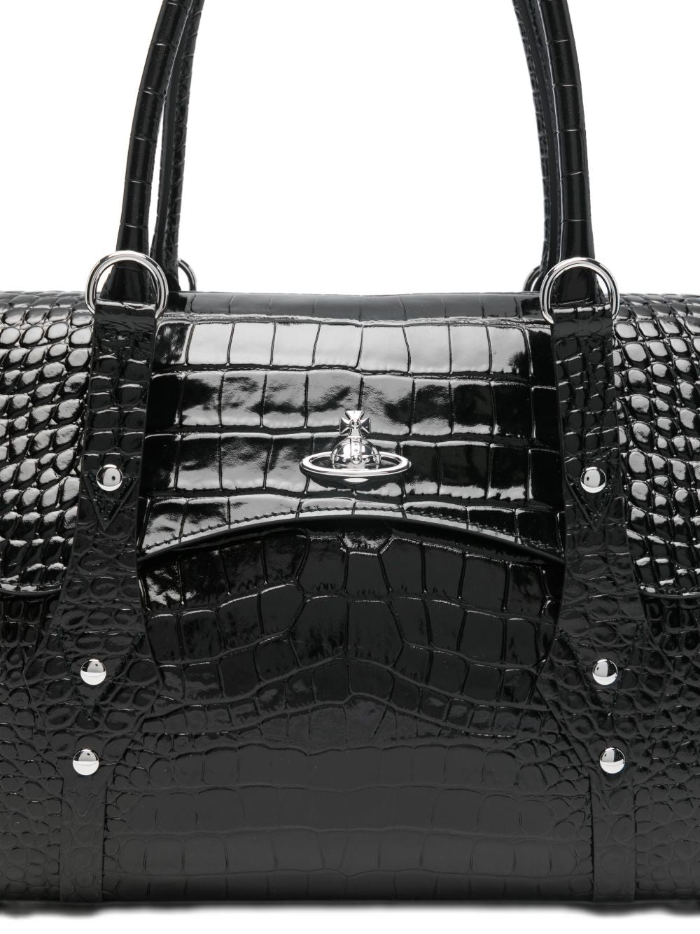 Crocodile-Embossed Black Shoulder Bag With Metallic Emblem
