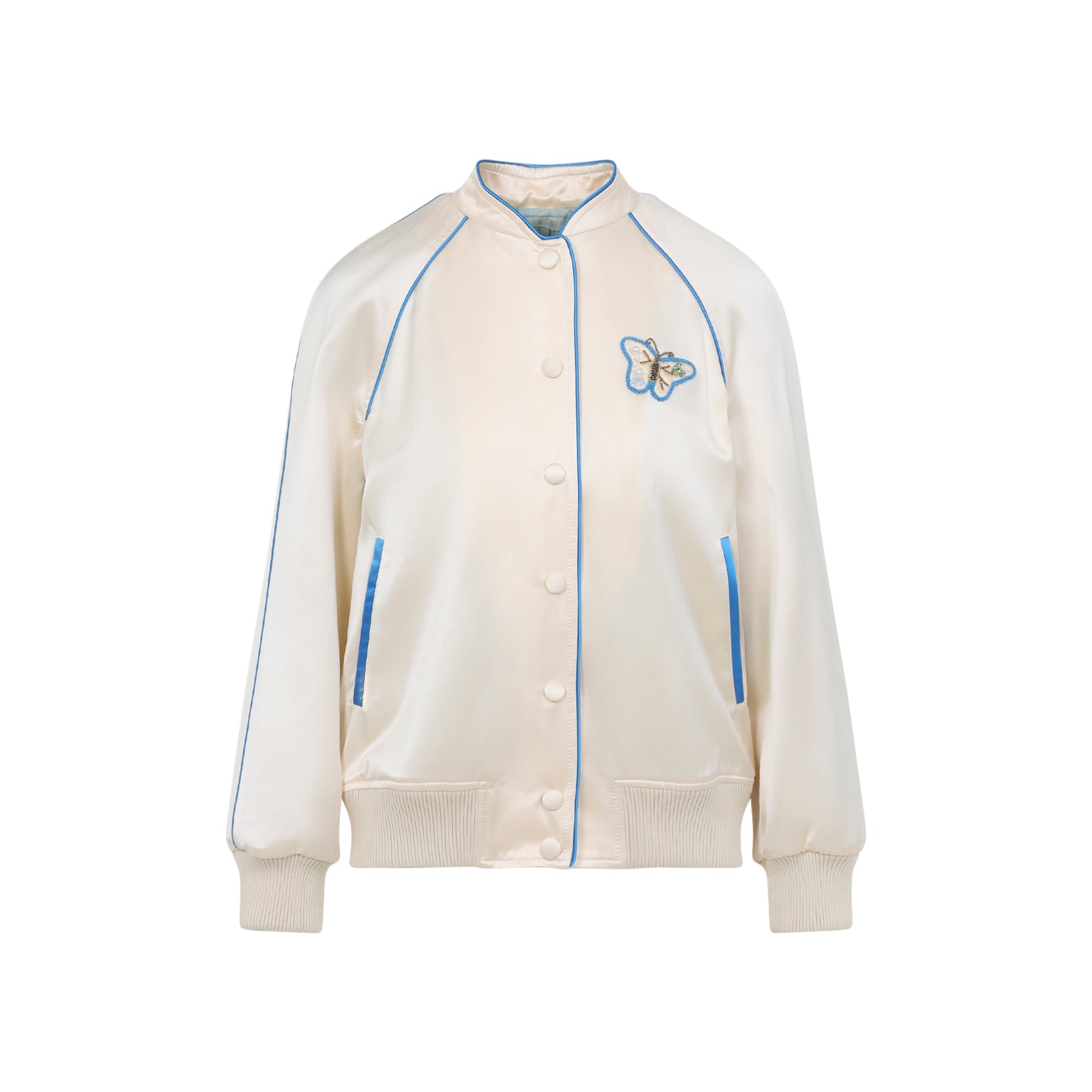 Satin-Finish Ivory Jacket With Butterfly Embroidery