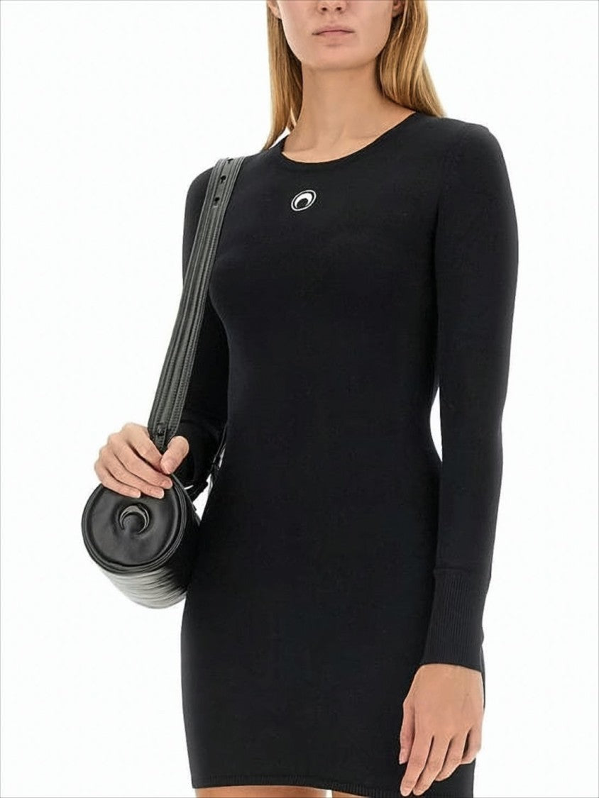 Fitted Black Mini Dress With Long Sleeves And Round Neckline