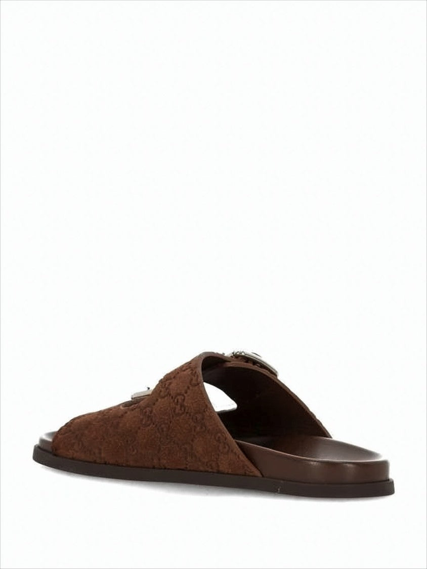 Brown Suede Sandals with Embossed Pattern