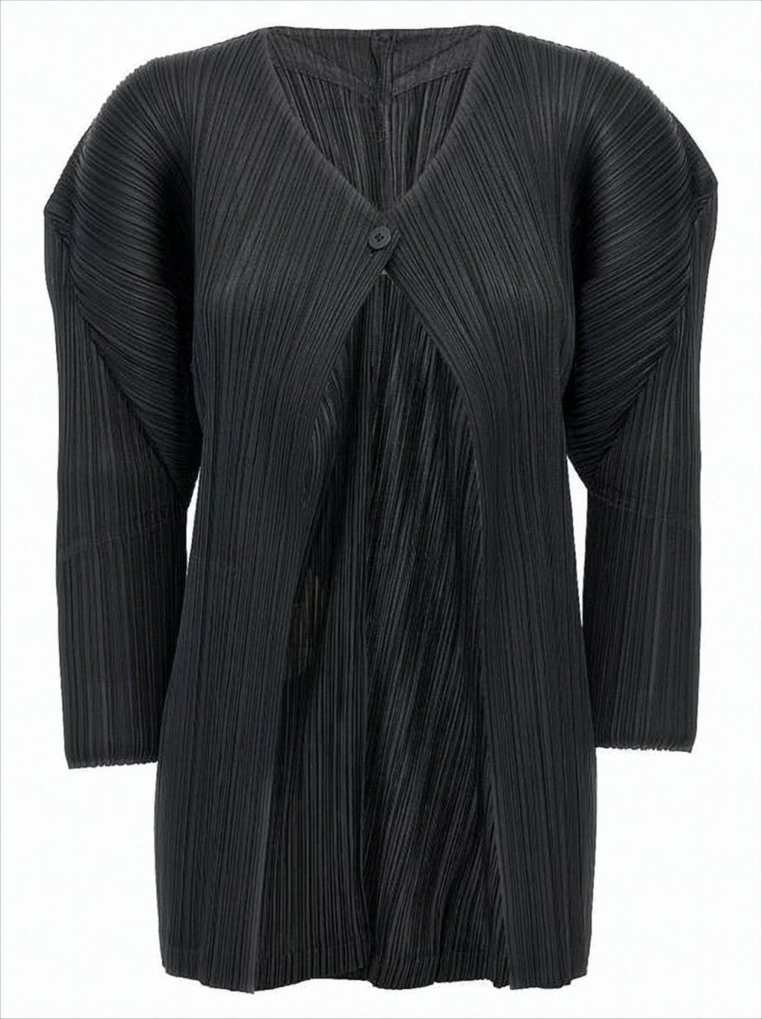 Pleated Design Cardigan With Deep V-Neckline And Flowy Sleeves