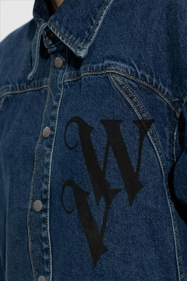 Indigo Denim Long-Sleeve Shirt with Graphic Logo