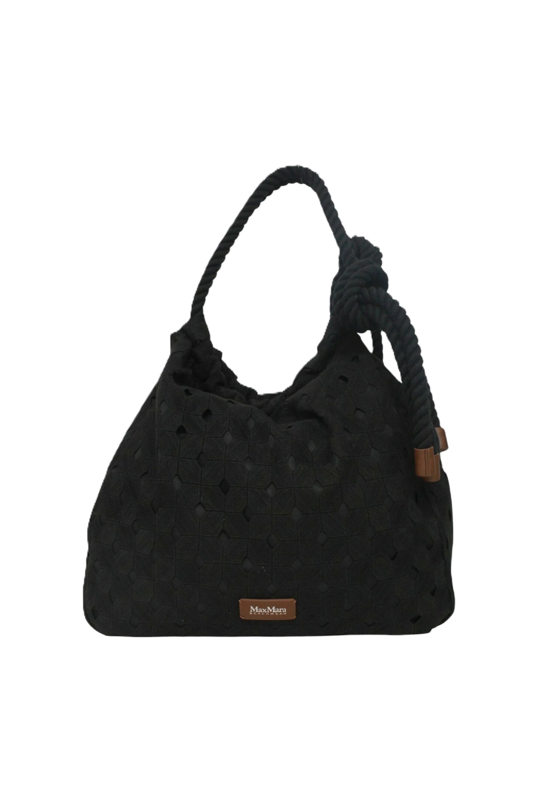 Spacious Black Handbag with Textured Geometric Cut-Out Pattern