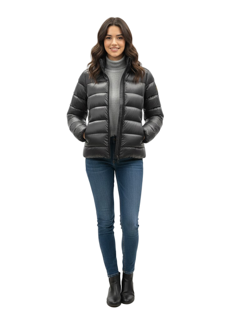 Shiny Padded Hooded Jacket with Horizontal Stripes