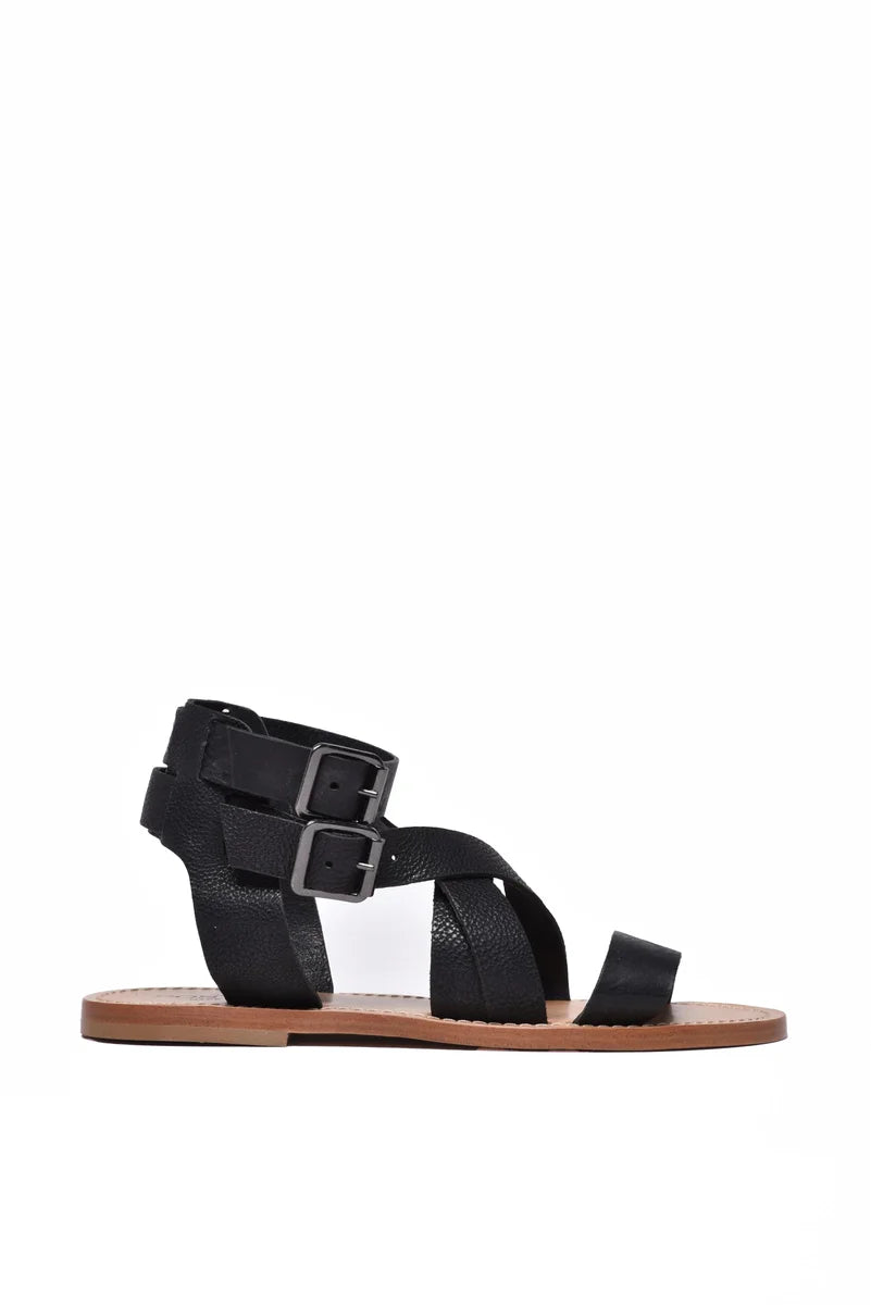Leather Sandal with Strap - Black