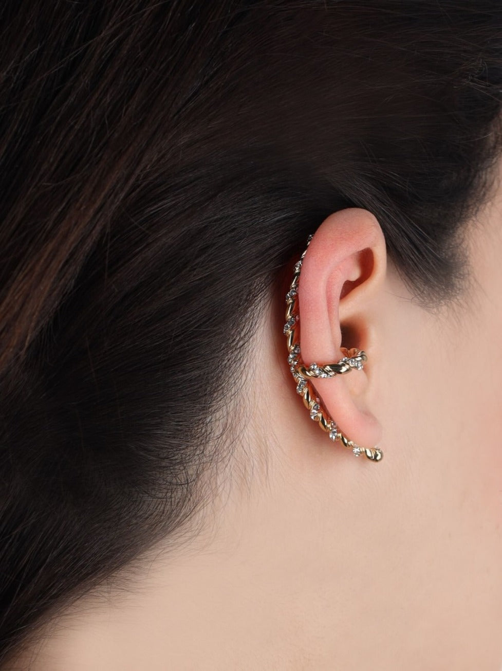 Twisted Gold-Tone Cuff Earring With Silver-Toned Crystals