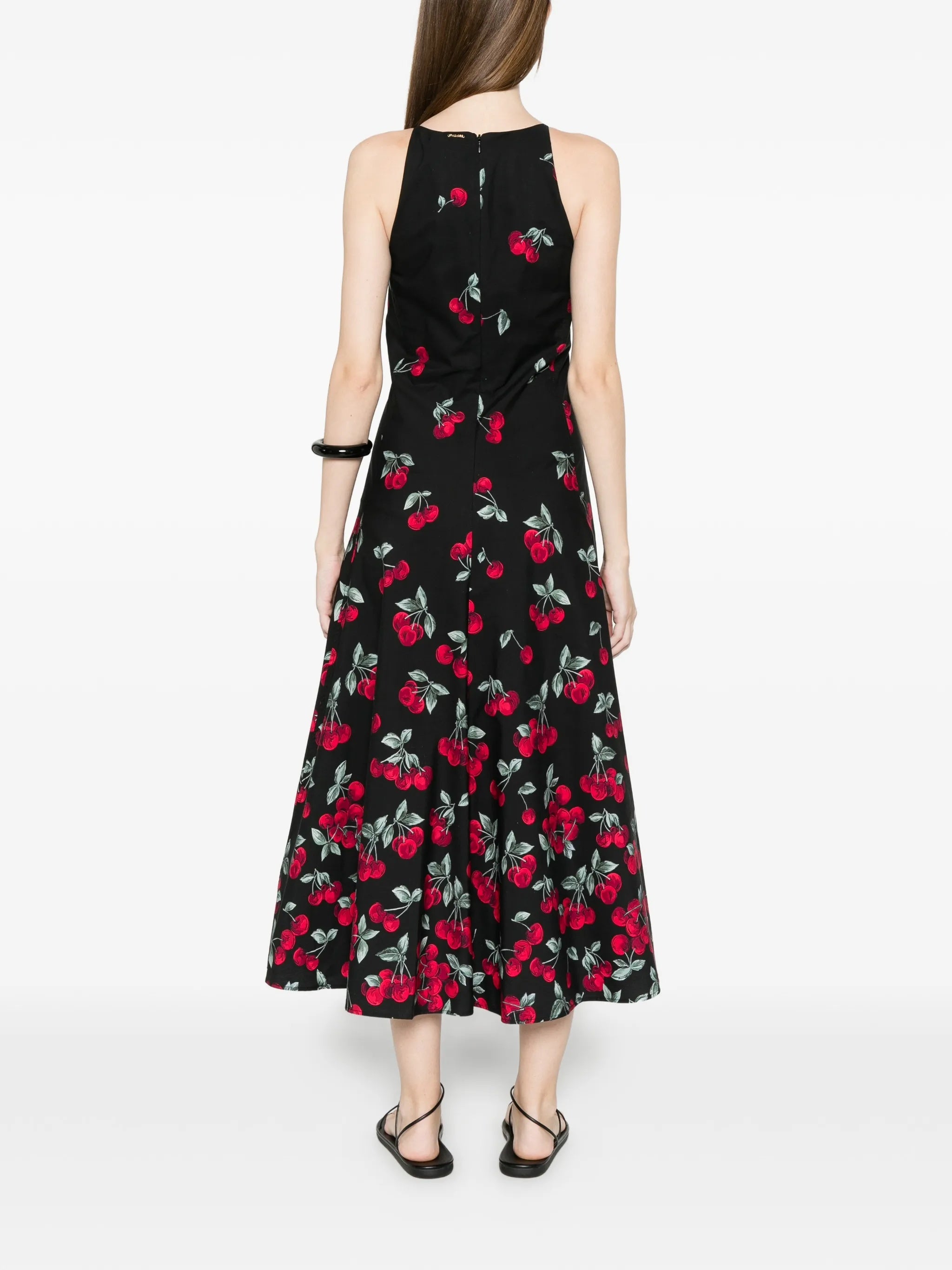 Black Fitted Midi Cherry Print Dress