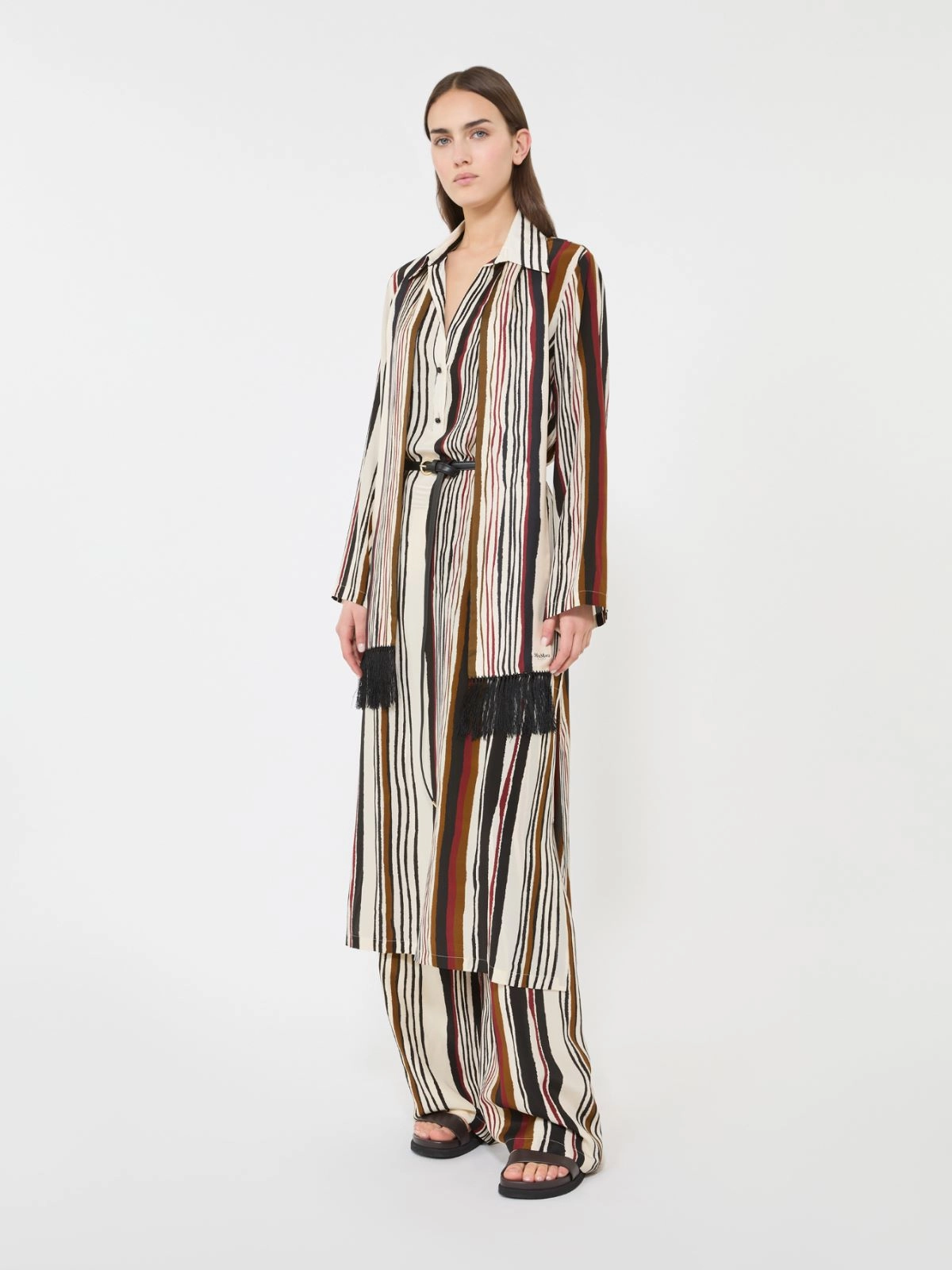 Vertical Striped Midi Dress with Collared Neckline