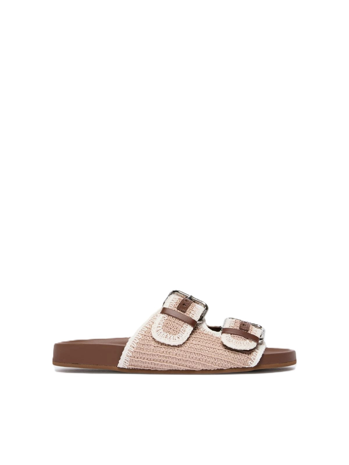 Beige Woven Slide Sandals with Silver Buckle Accents