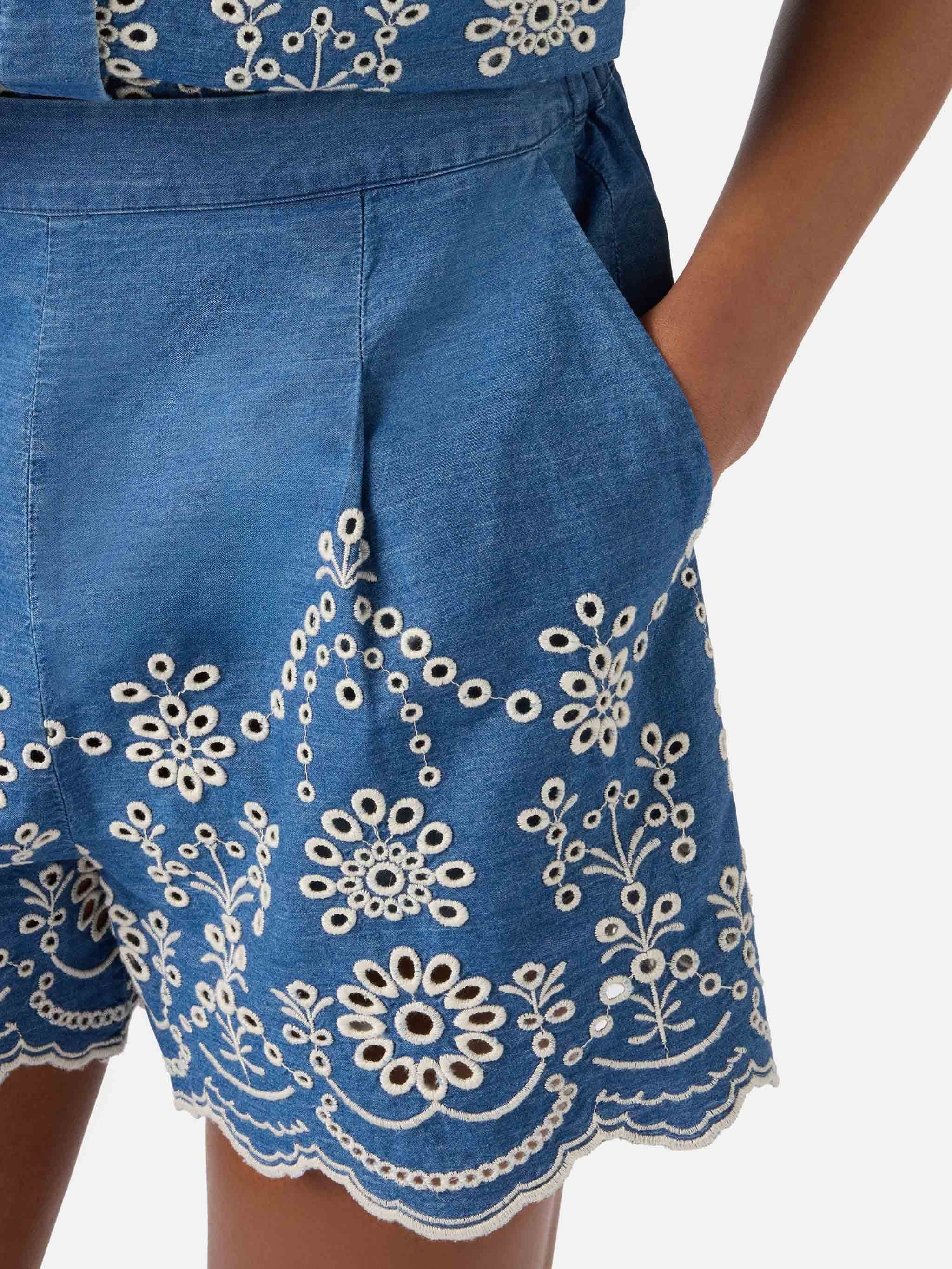 Intricate Floral Embroidered Blue Shorts with Tailored Fit