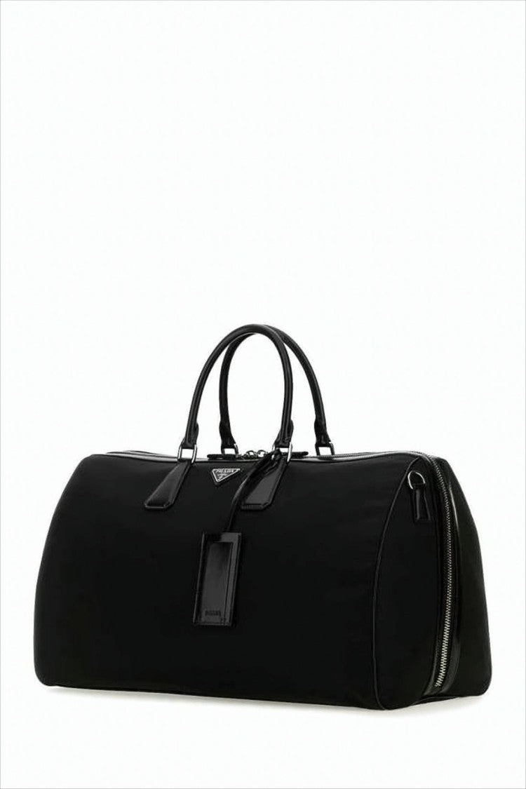 Elongated Duffle Bag with Leather Accents and Triangular Logo