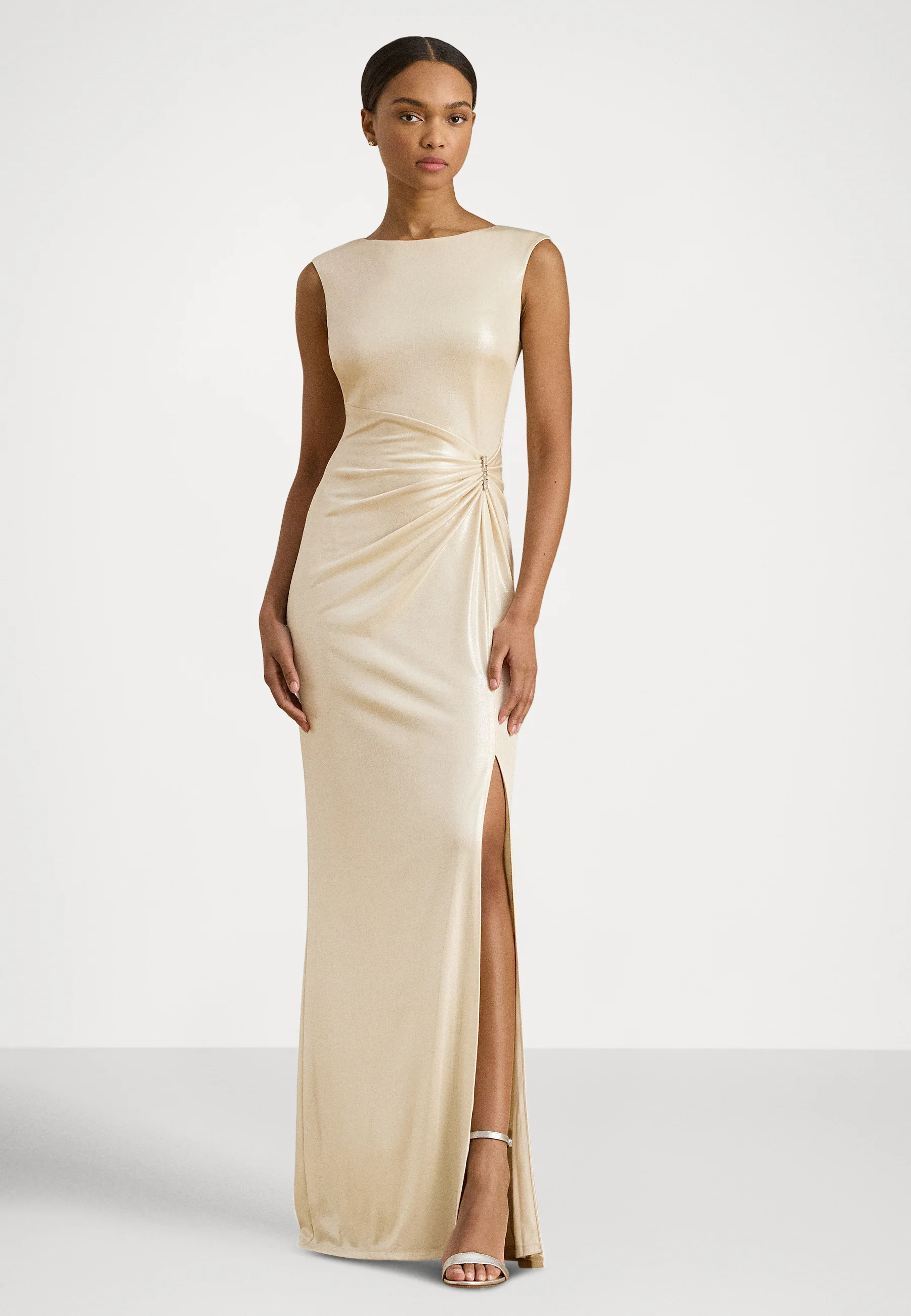 Natural Metallic Jersey Evening Gown