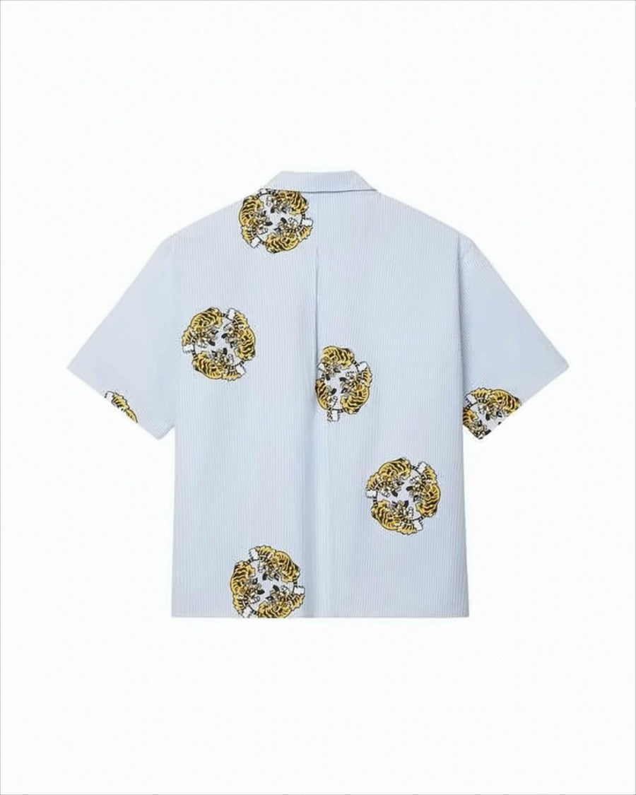 Short-Sleeved Light Blue Shirt with Tiger Motifs