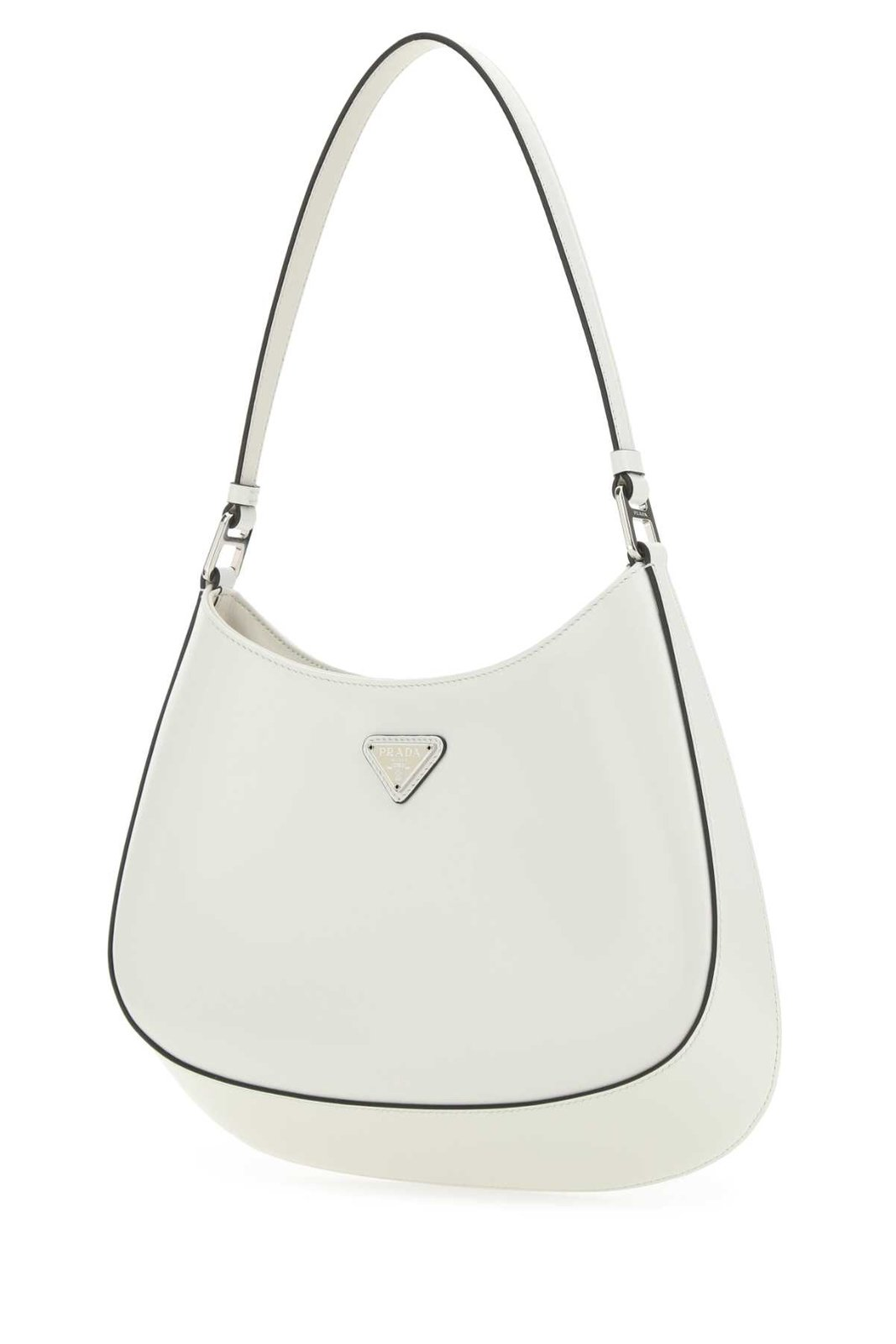 Curved White Shoulder Bag with Triangular Logo and Gold Hardware
