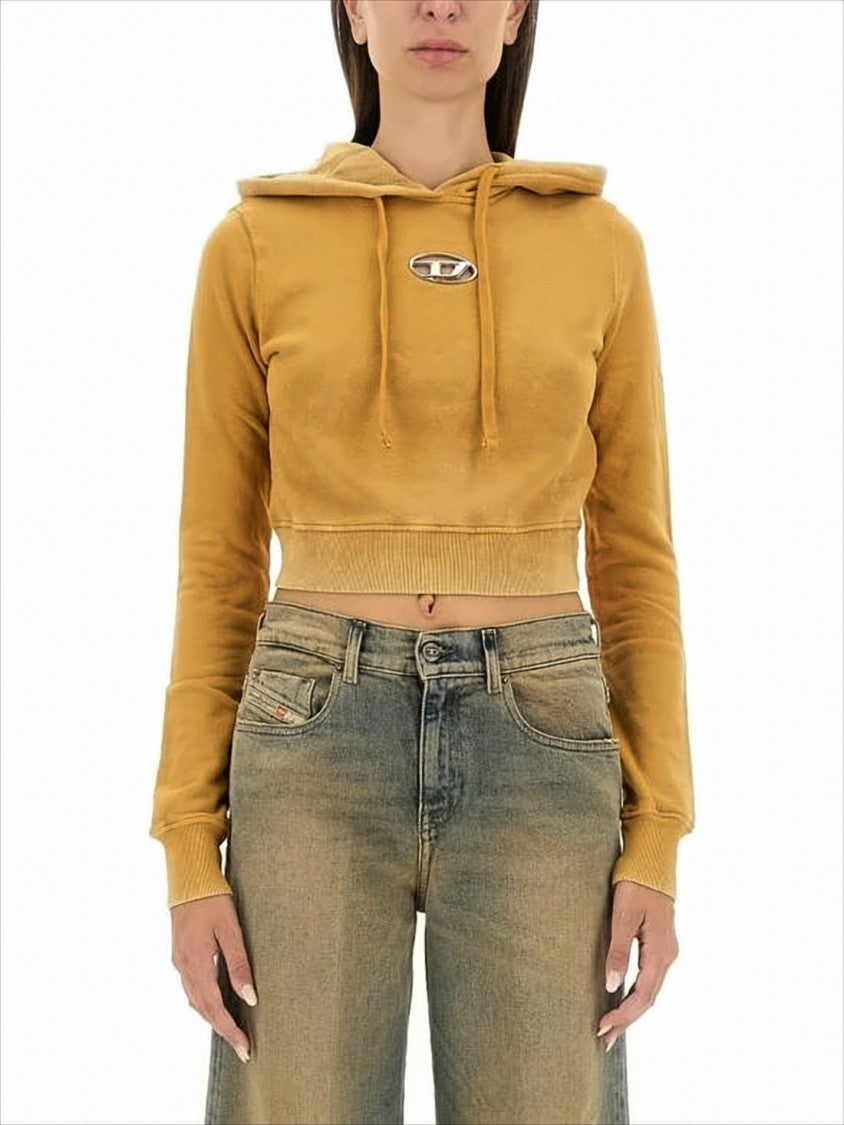 Cropped Hoodie with Drawstring Hood and Metallic Logo Detail