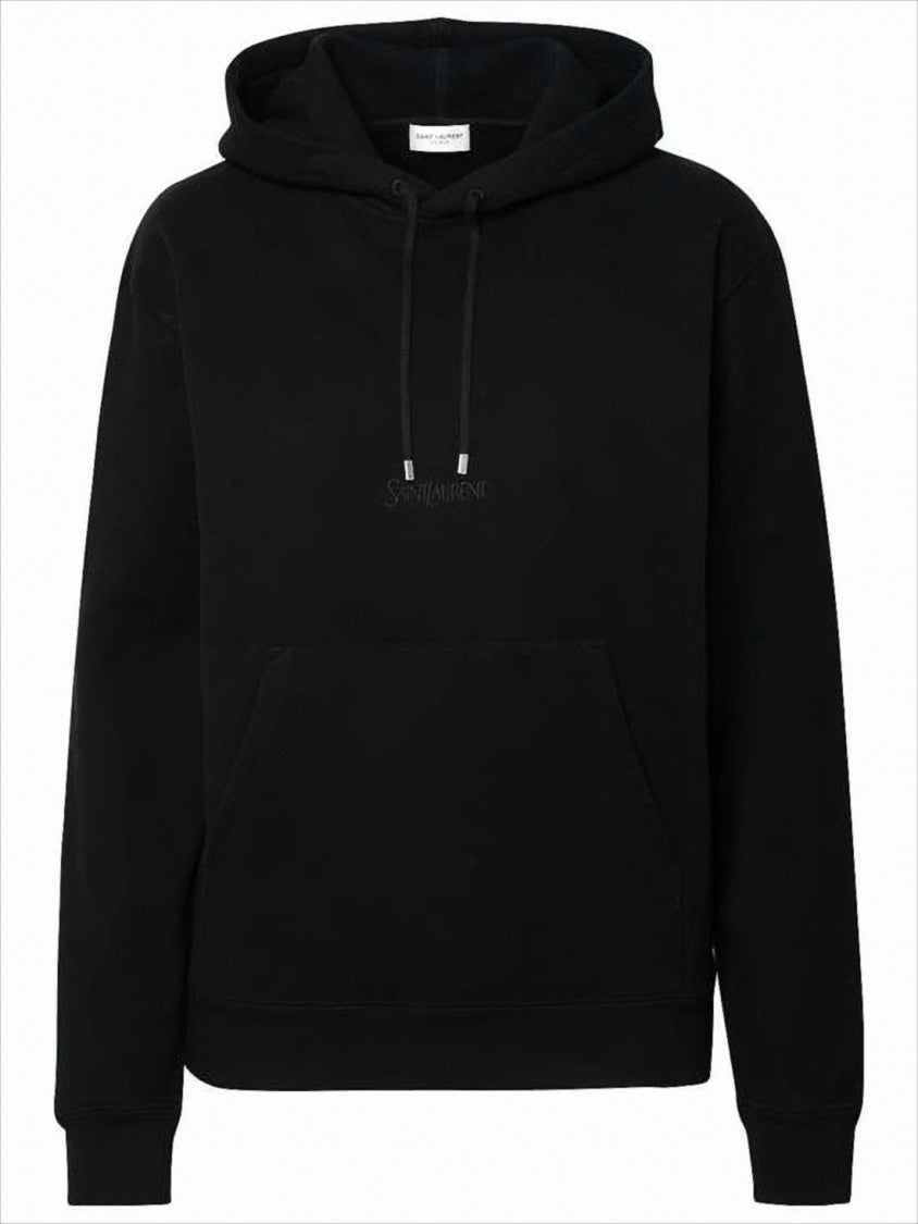 Minimalistic Black Cotton Pullover Hoodie with Tonal Branding
