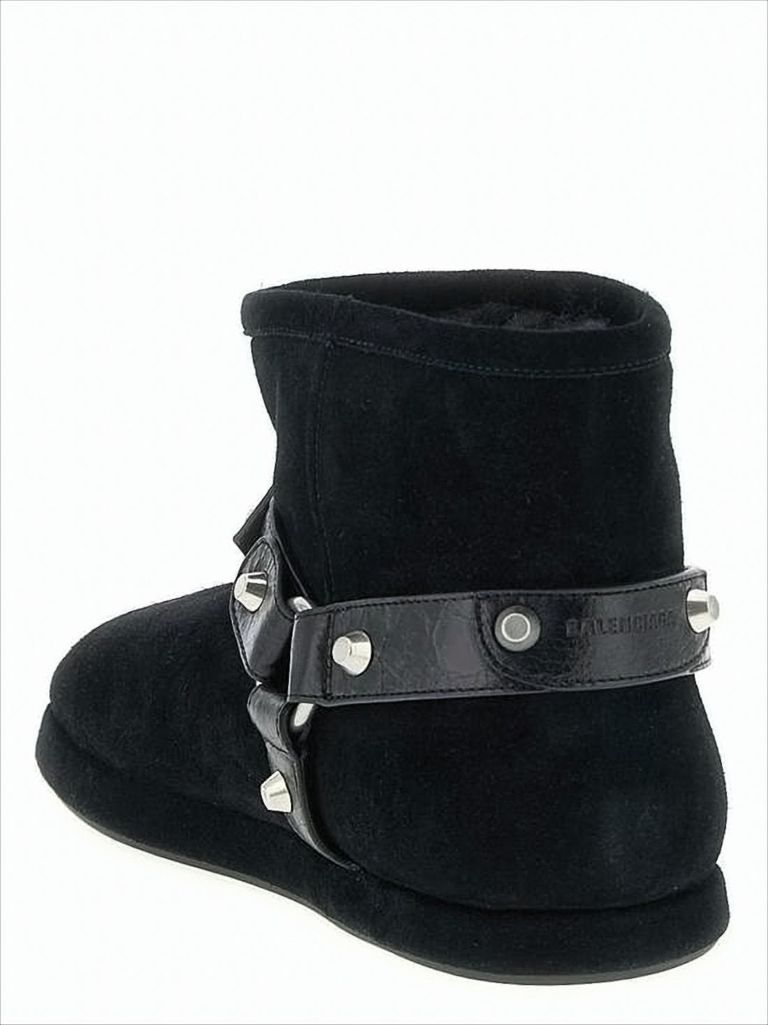 Plush Black Ankle Boots with Decorative Harness
