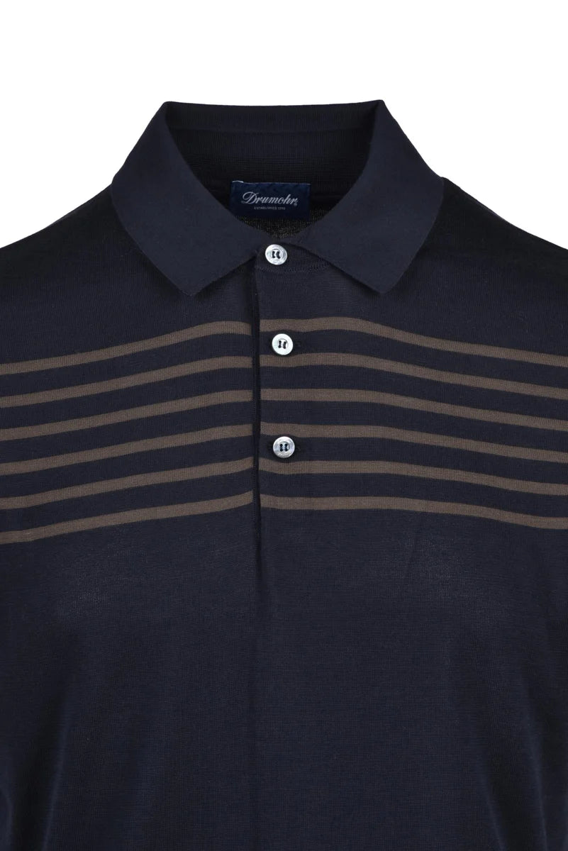 Cotton Knit Polo Shirt - Blue/Brown