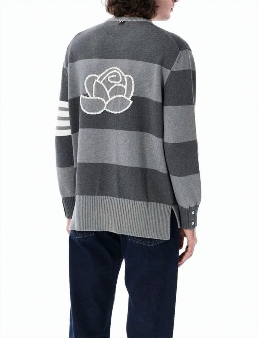 Relaxed Fit Grey Striped Knitted Sweater with Rose Motif