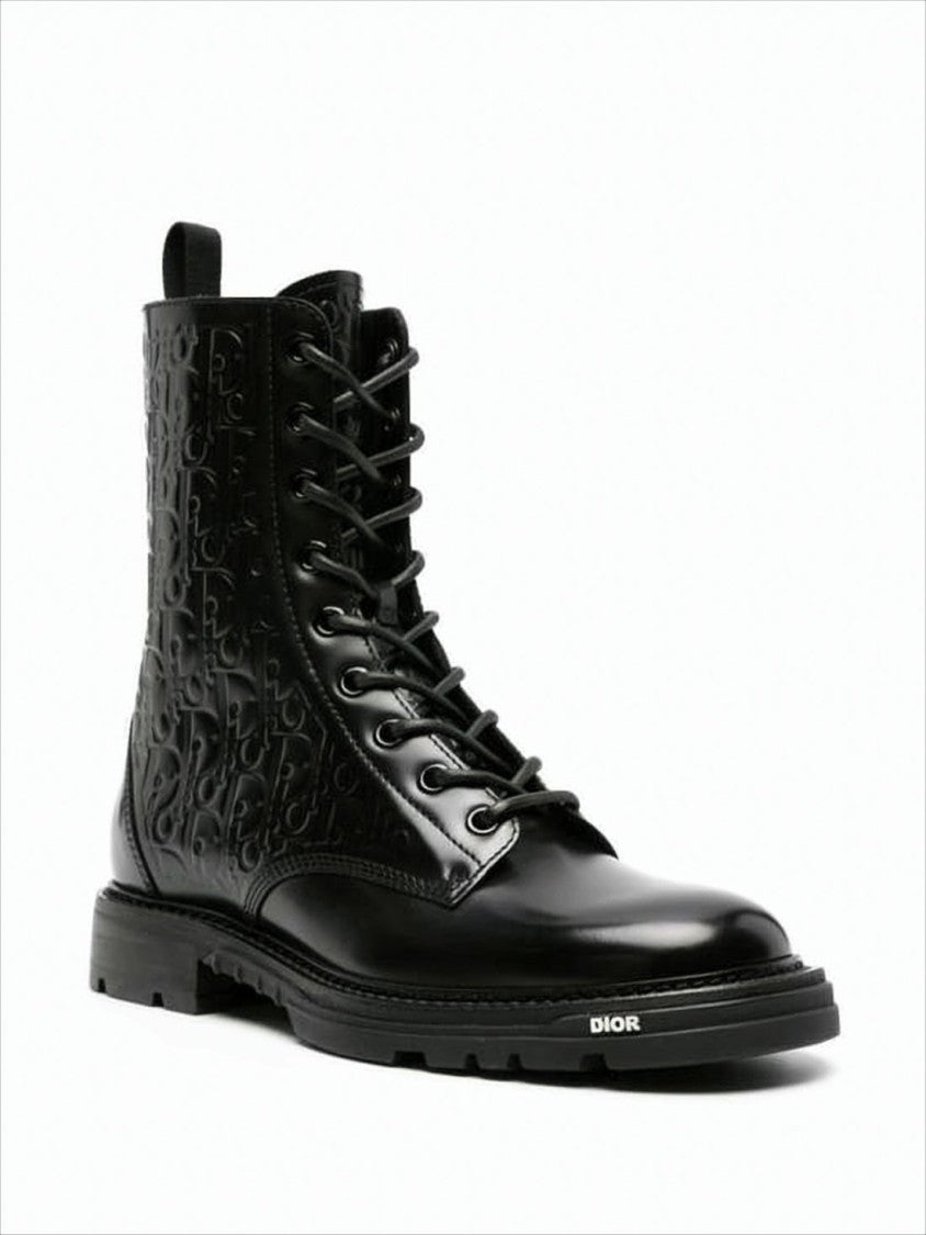Black Leather Lace-Up Boots With Embossed Detailing