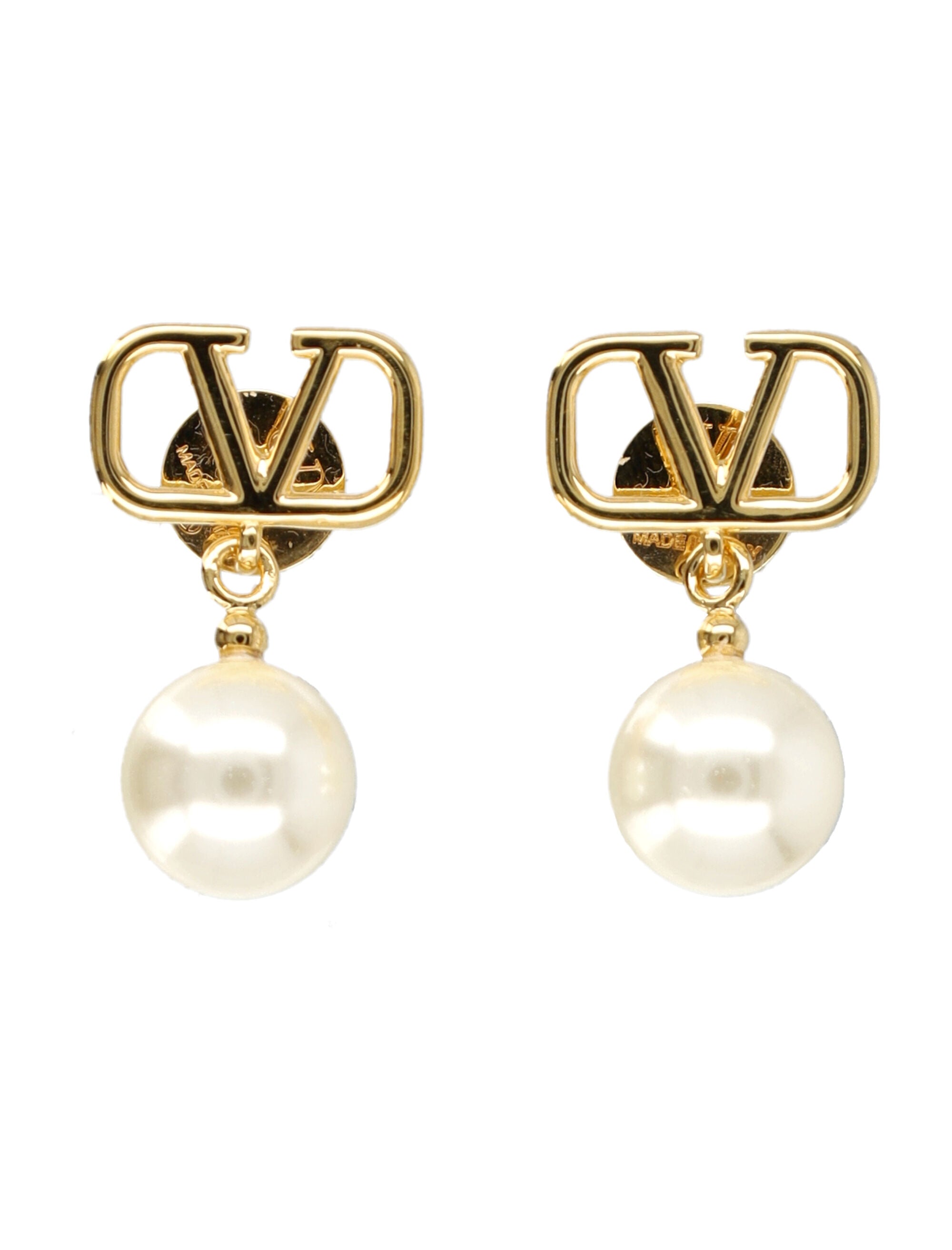 VLogo Pearl Embellished Earrings with Polished Gold-tone Finish