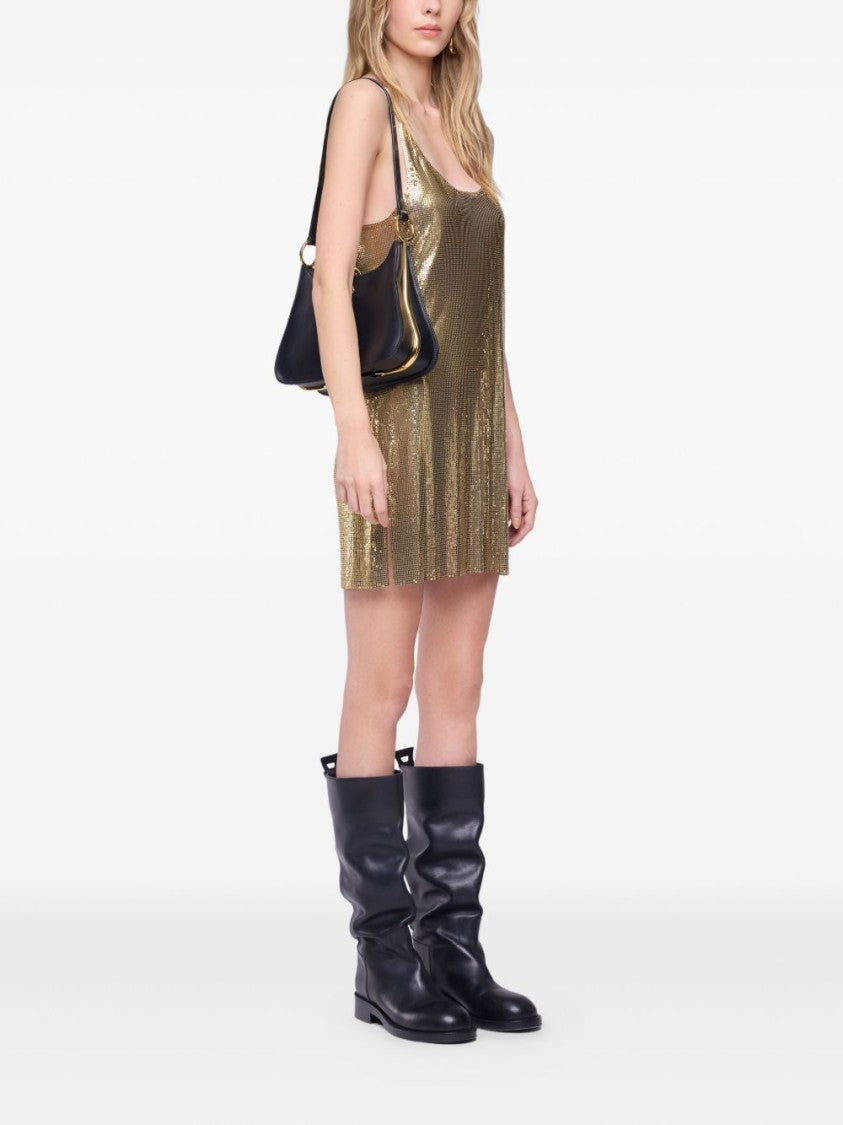 Curved Leather Shoulder Bag with Brass Hardware