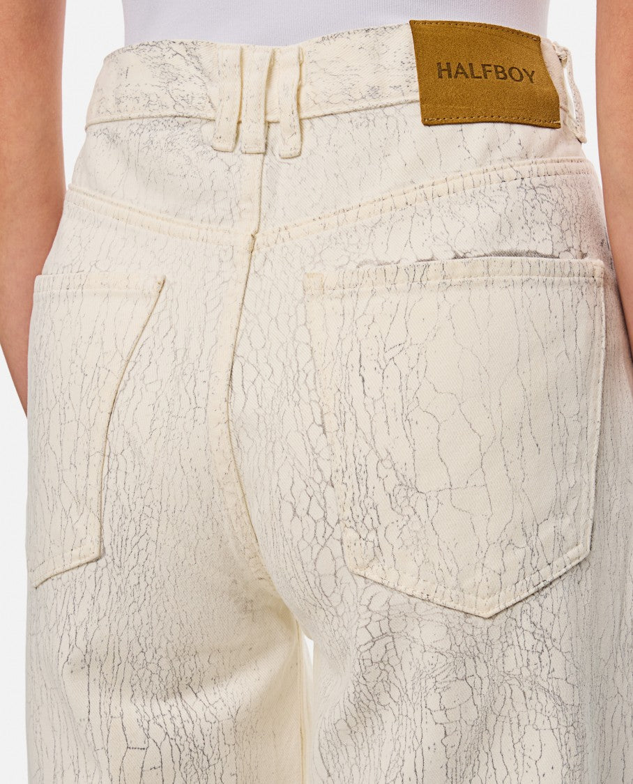 Beige Crepe Pattern Wide Leg Jeans