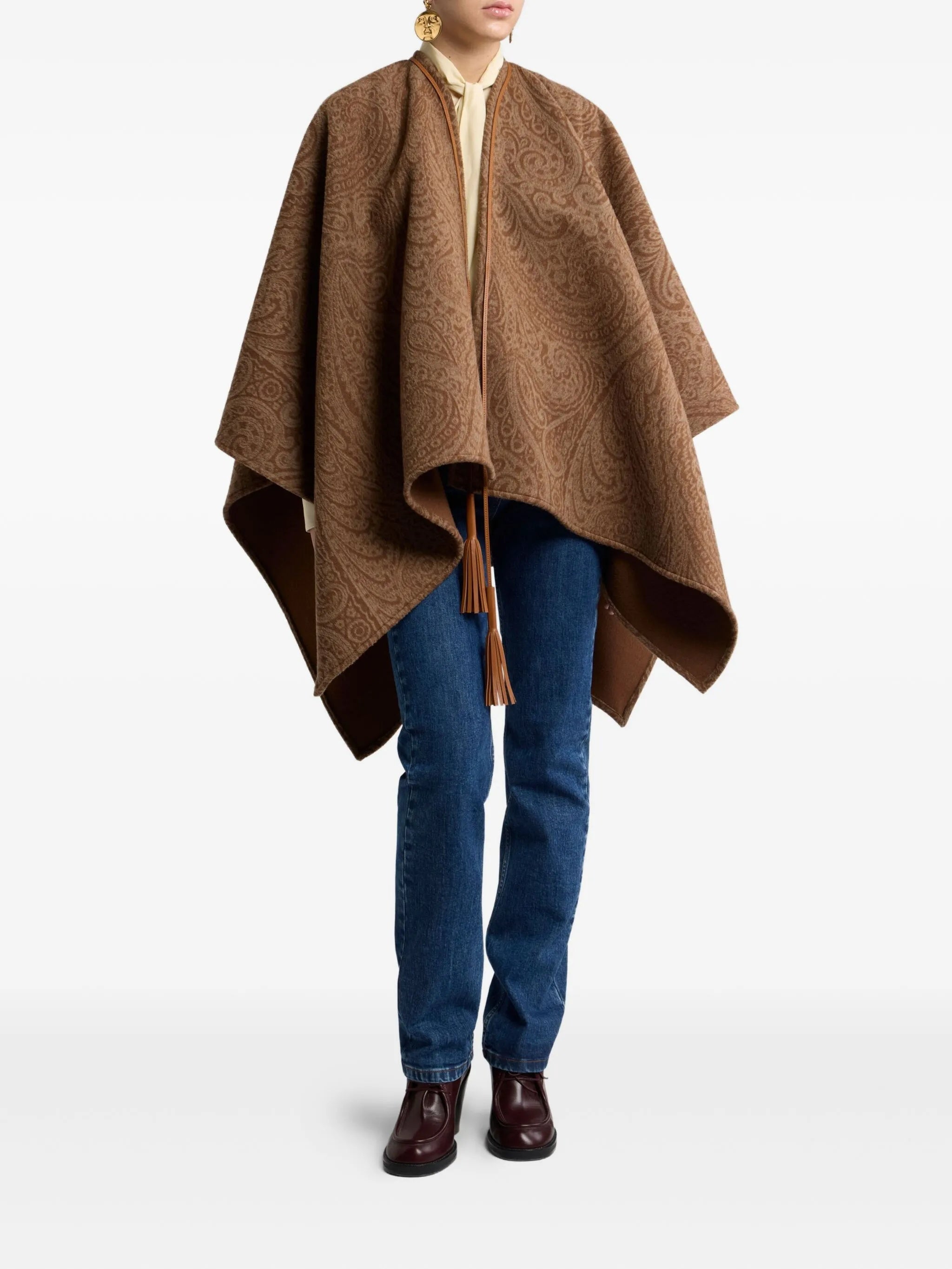 Brown Paisley Pattern Cape with Leather Trim