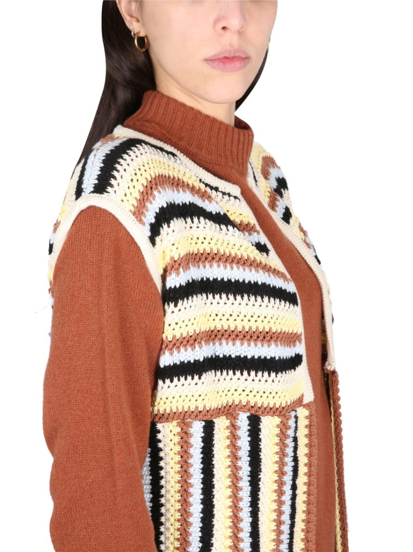 Open Front Striped Long Vest With Textured Knit