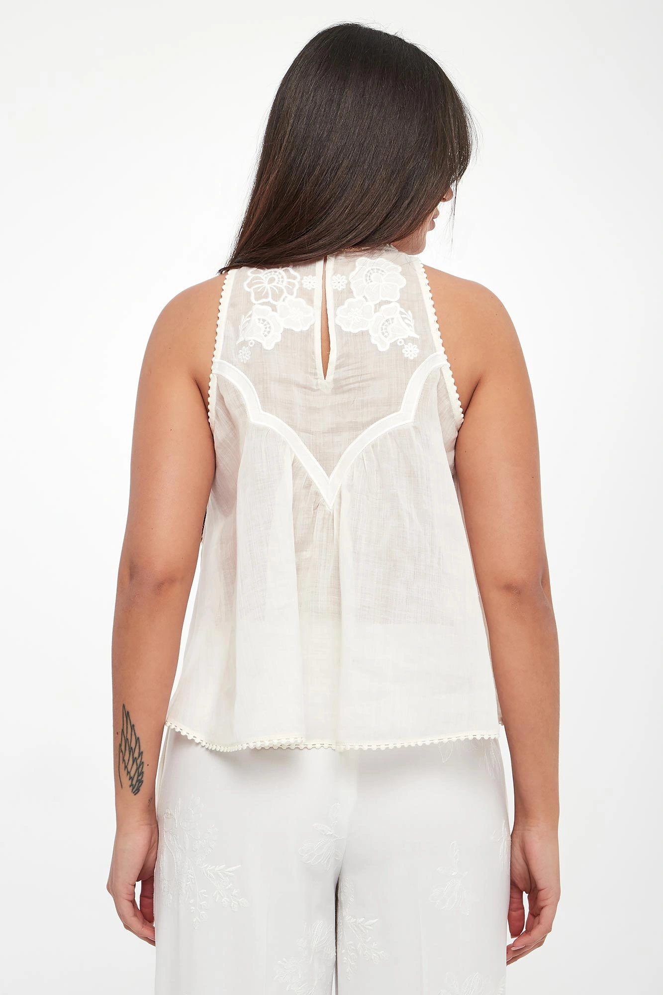 Sleeveless Flowing Top with Floral Lace Detailing