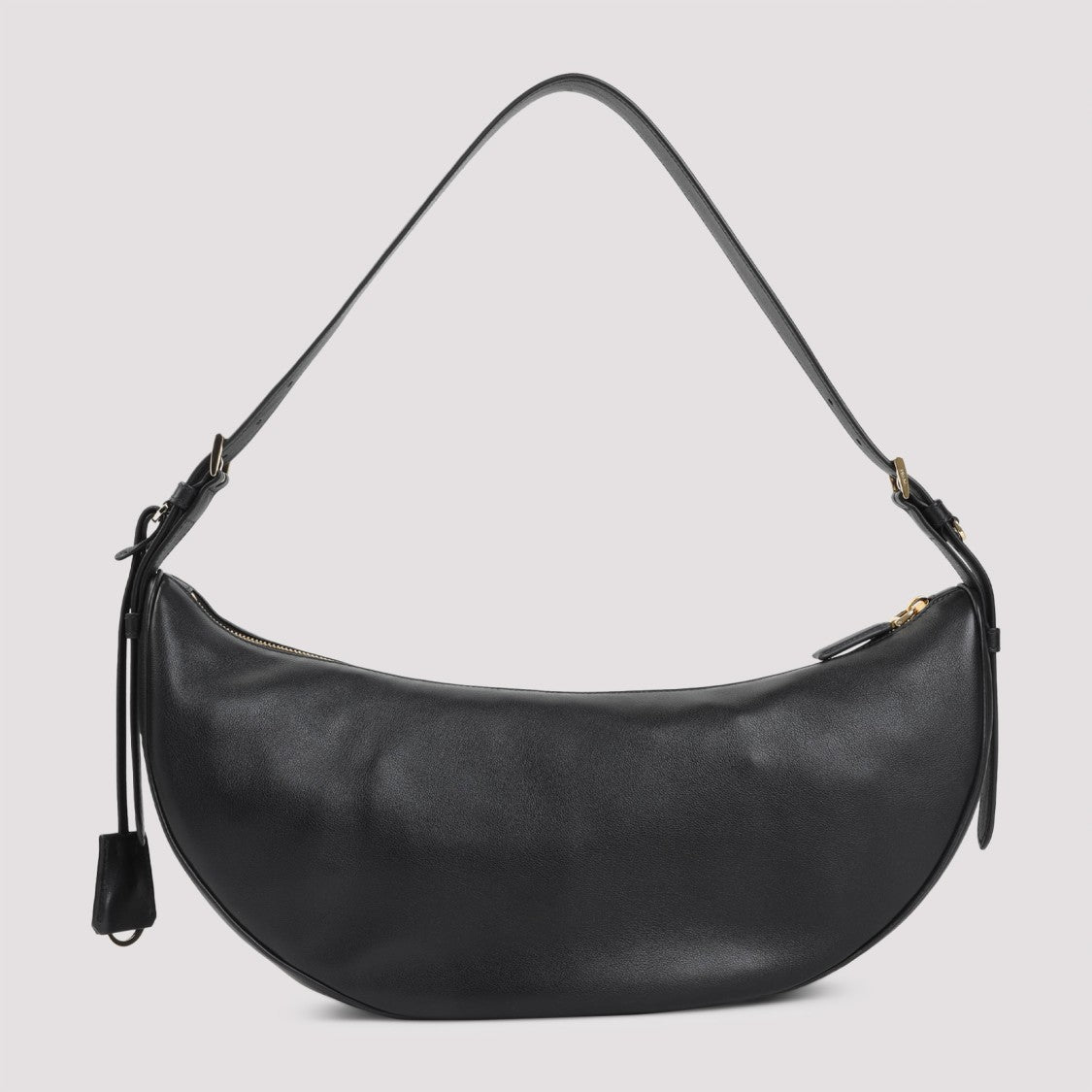 Crescent-Shaped Black Calf Leather Handbag With Gold-Tone Logo
