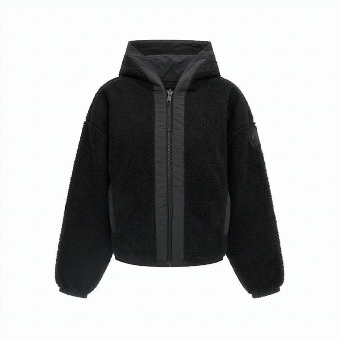 Dual-Texture Black Jacket with Hood and Concealed Zipper