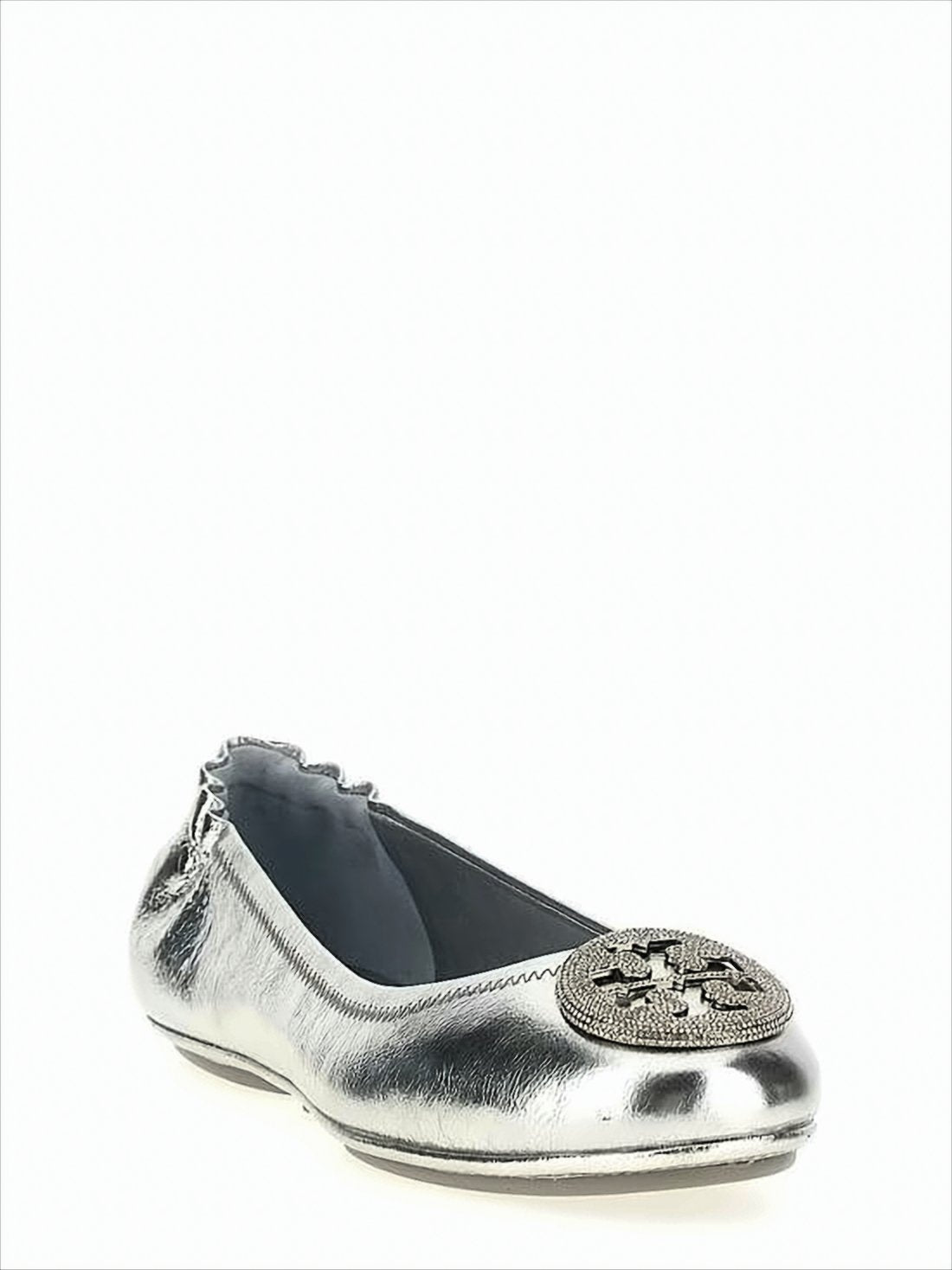 Metallic Leather Flat Shoes with Textured Emblem