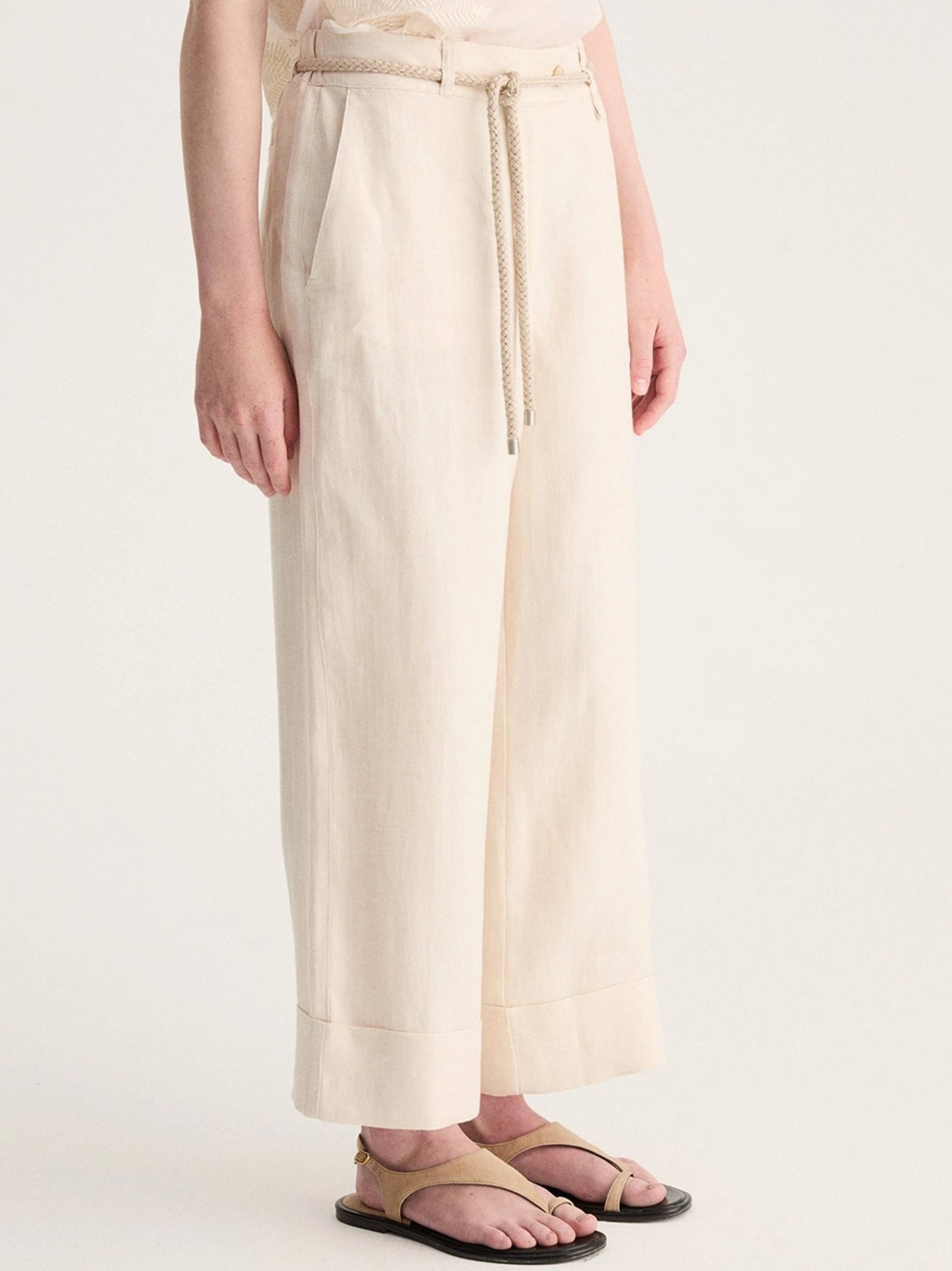 Wide-Leg Cropped Rope Belt Pants
