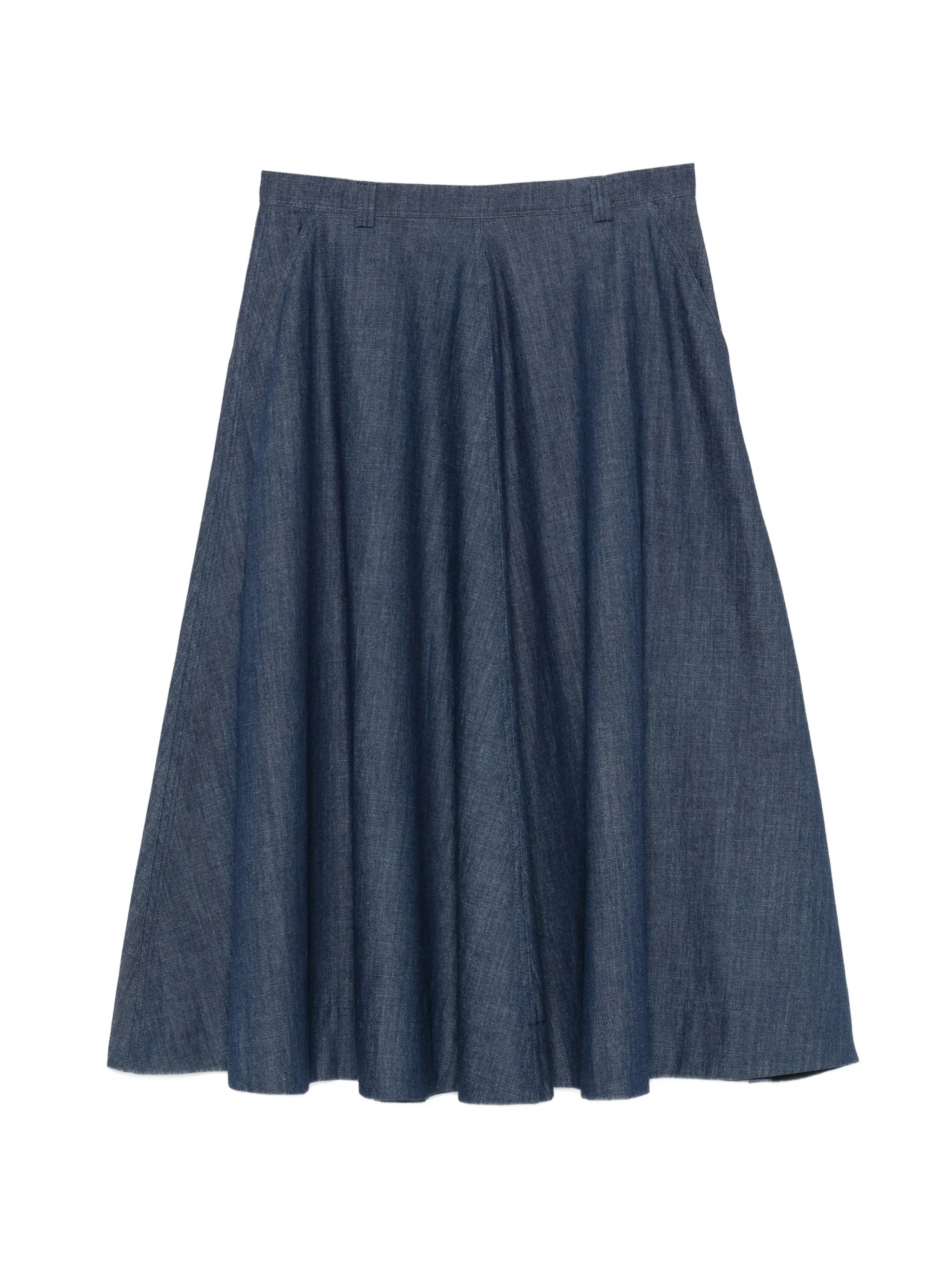 Blue Flared Knee-Length Denim Skirt